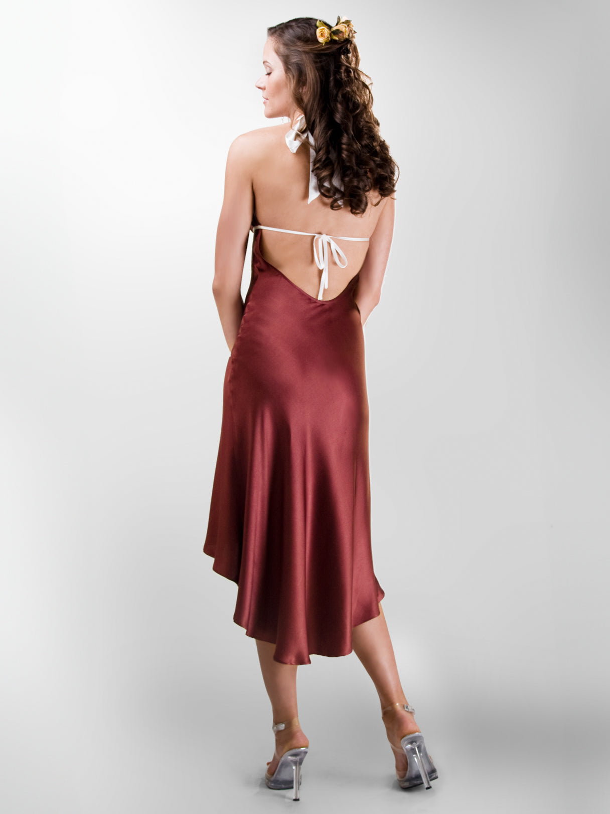 Custom Silk Bridemaid Halter Dress Red Ivory Accent Back