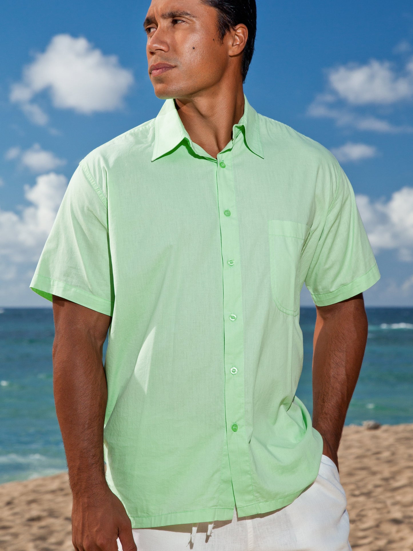 Mens Cotton Island Shirt Short Sleeve Pistachio Green Casual Beach Wear