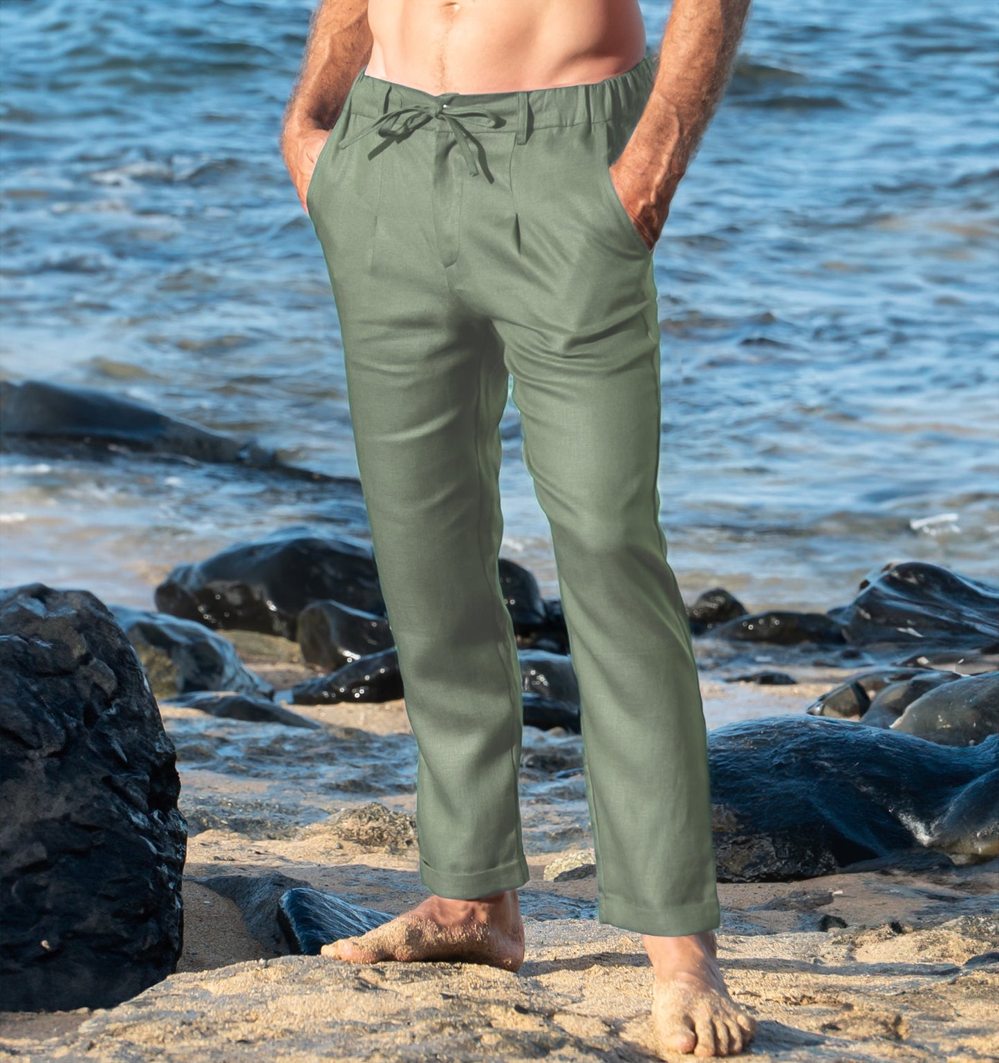 Mens Cropped Italian Linen Verona Pants Slim Fit Sage Green Beach Wedding