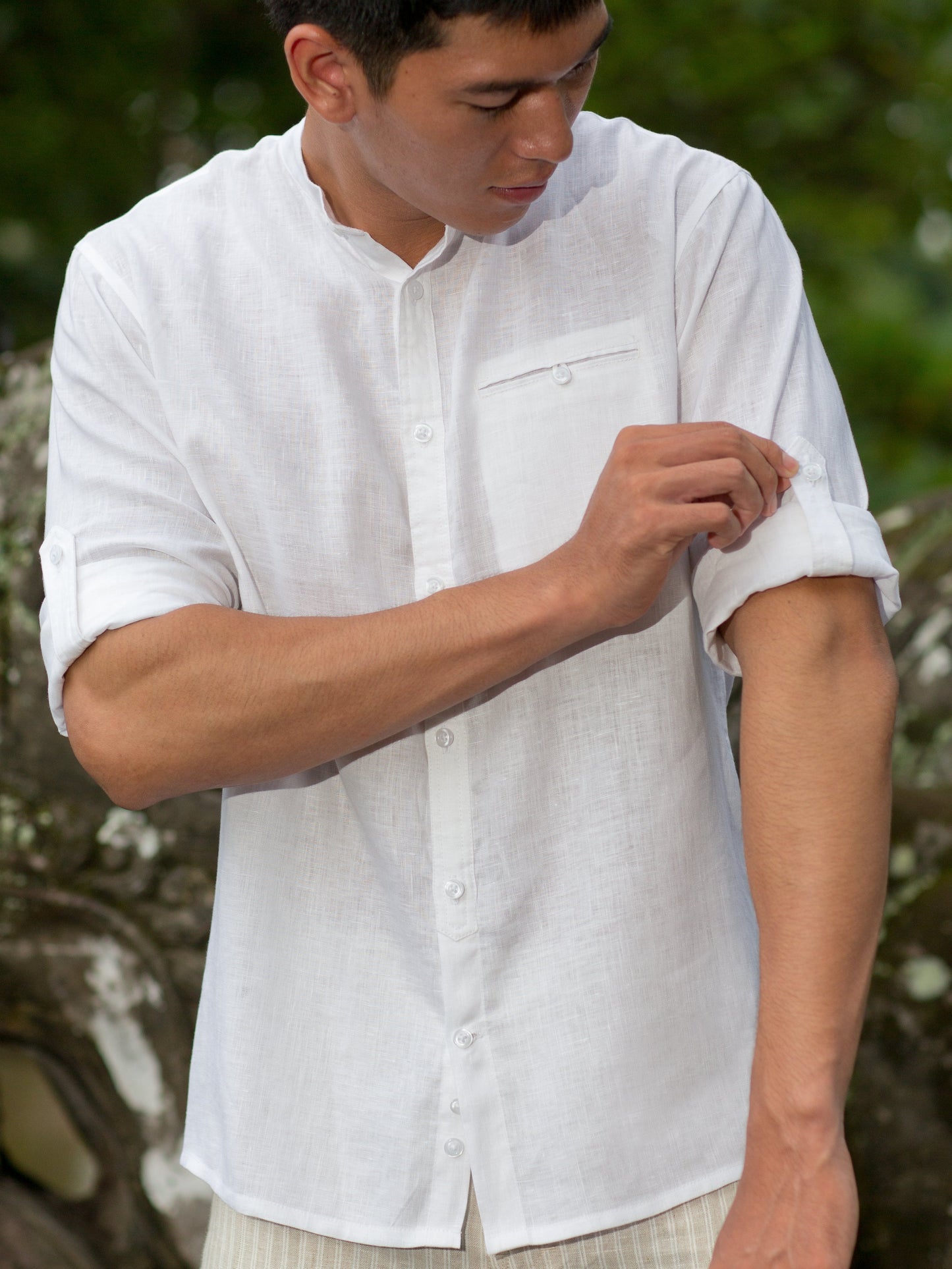 Mens Italian Linen Verona Shirt Slim Fit Sage Banded Collar White Beach Wedding Side