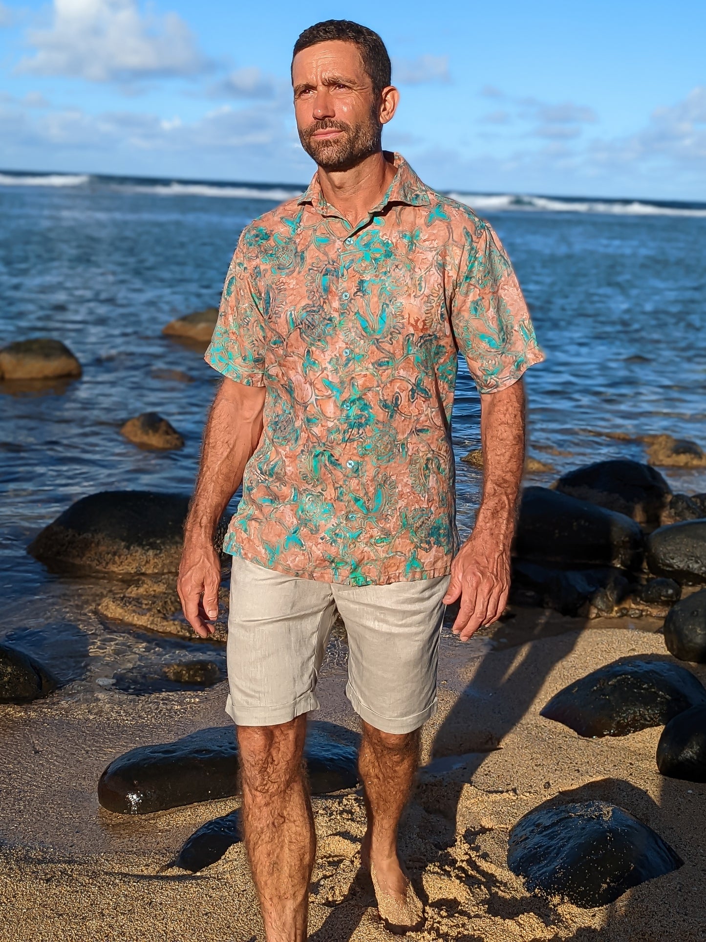 Mens Linen Batik Amalfi Shirt Short Sleeve Copper Patina Beach Wedding Full