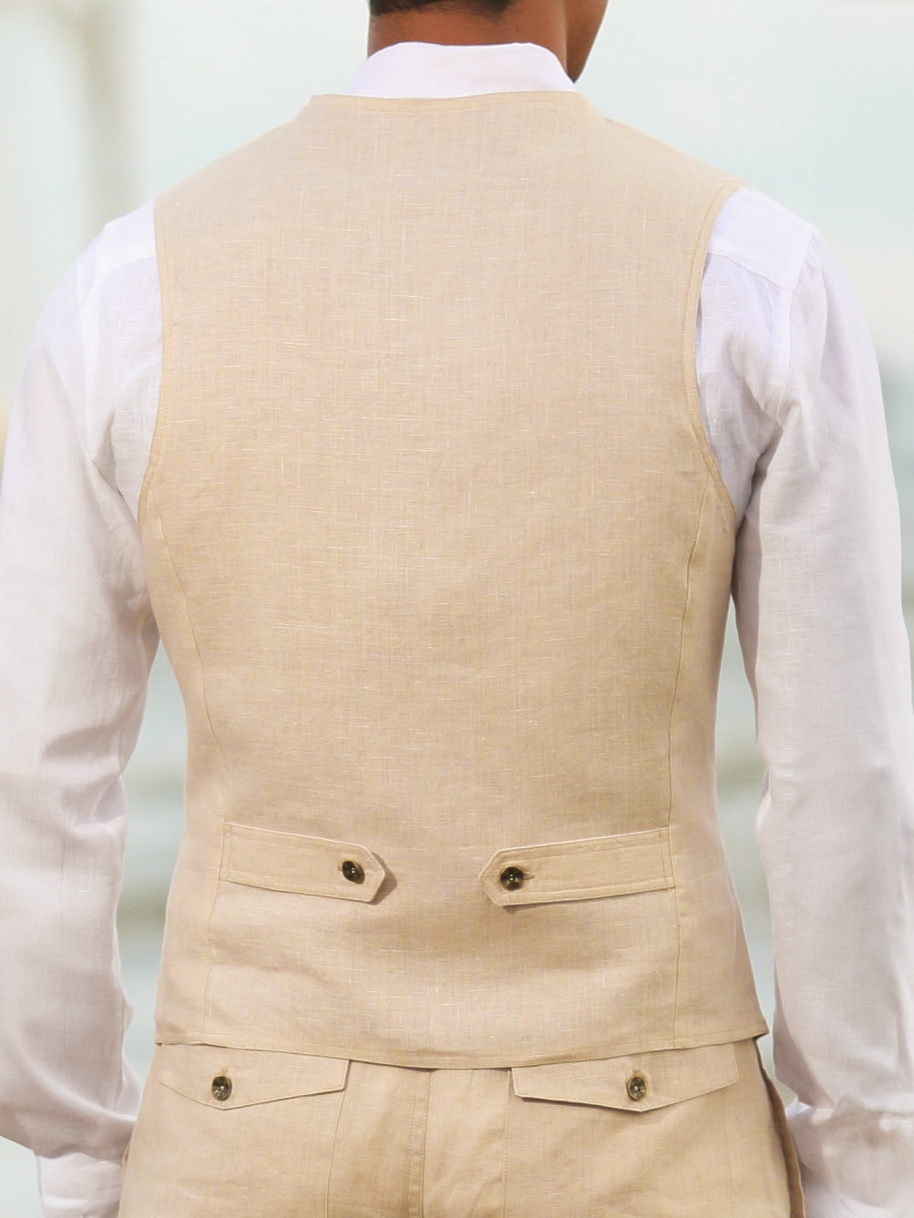 Mens Linen Cozumel Vest Tan Khaki Beach Wedding Back
