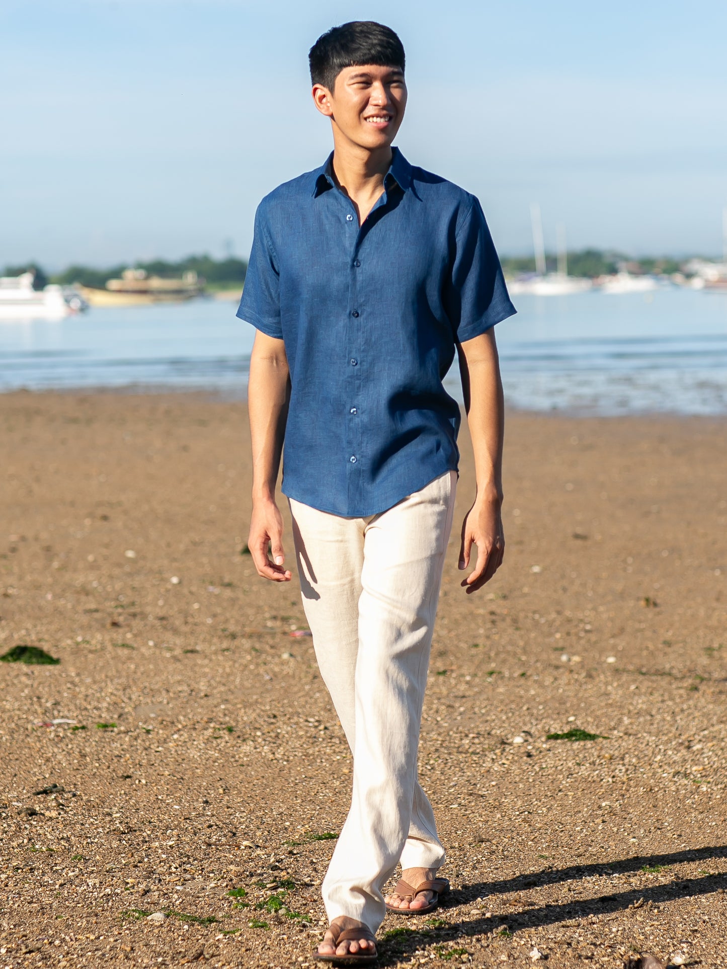 Mens Linen Earth Shirt Short Sleeve Natural Dye Indigo Blue Beach Wedding Full