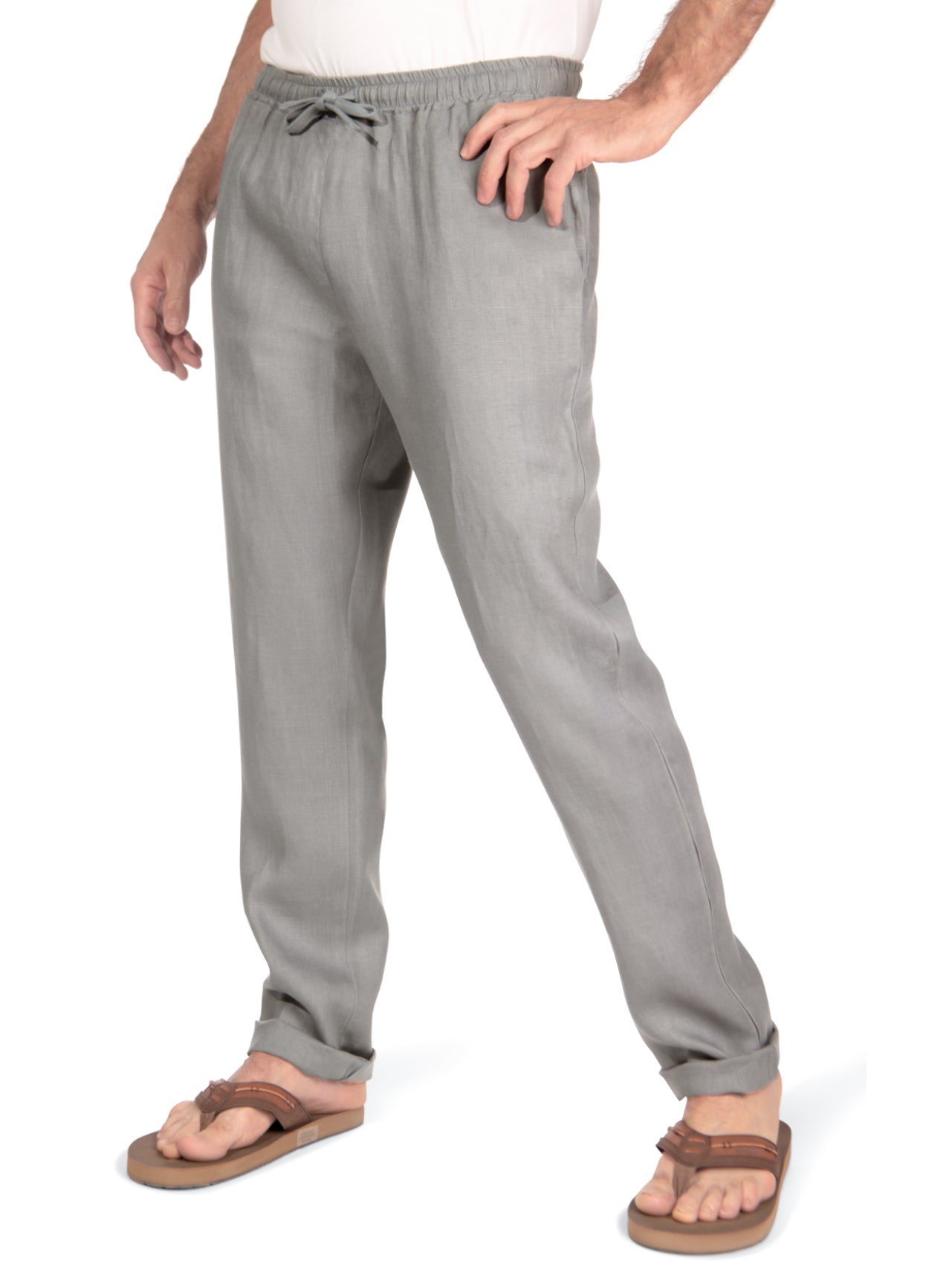 Mens Linen Island Pant Elastic Waist Gray Casual Beach Wear