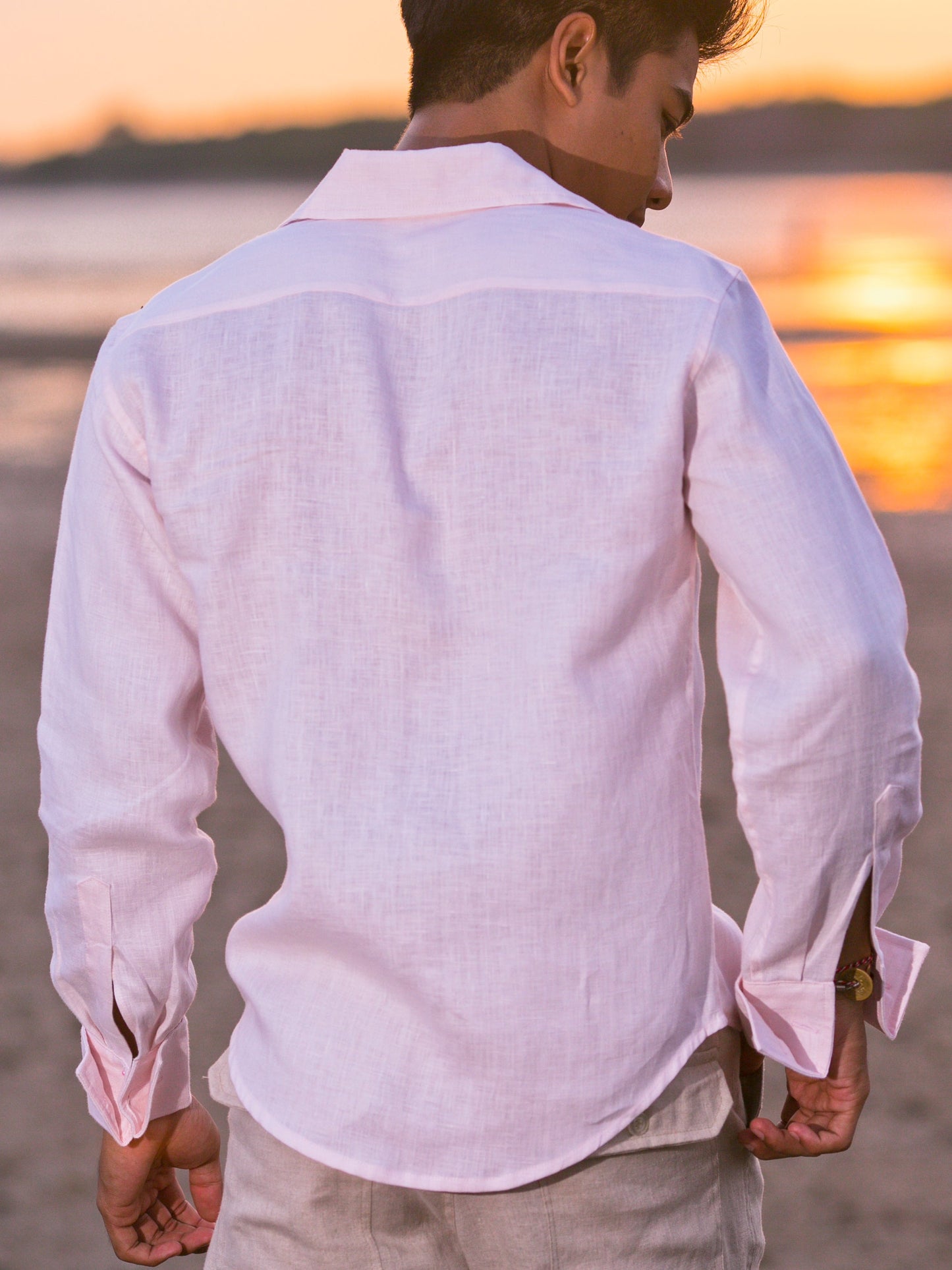 Mens Linen Monaco Shirt French Cuffed Long Sleeve Petal Pink Beach Wedding Back