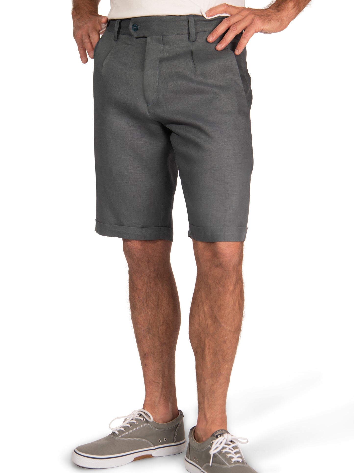 Mens Linen Pleated Harbor Shorts Stone Blue Cuffed Hem