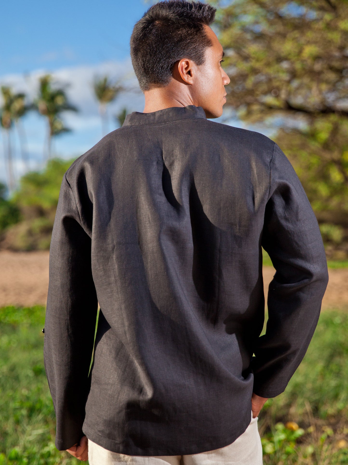 Mens Linen Vneck Pullover Oasis Shirt Banded Collar Black Wedding Back