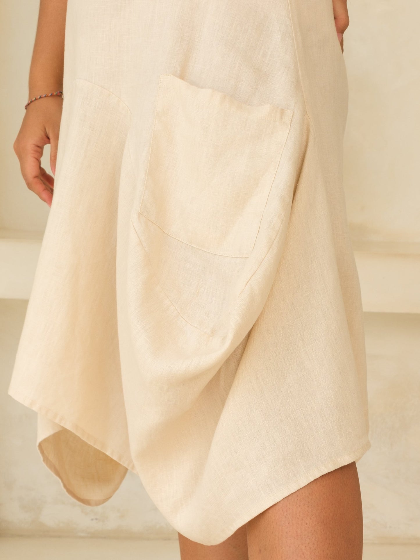 Womens Linen Catalina Dress Balloon Midi Dress Tan Khaki Front Pockets Summer Pocket