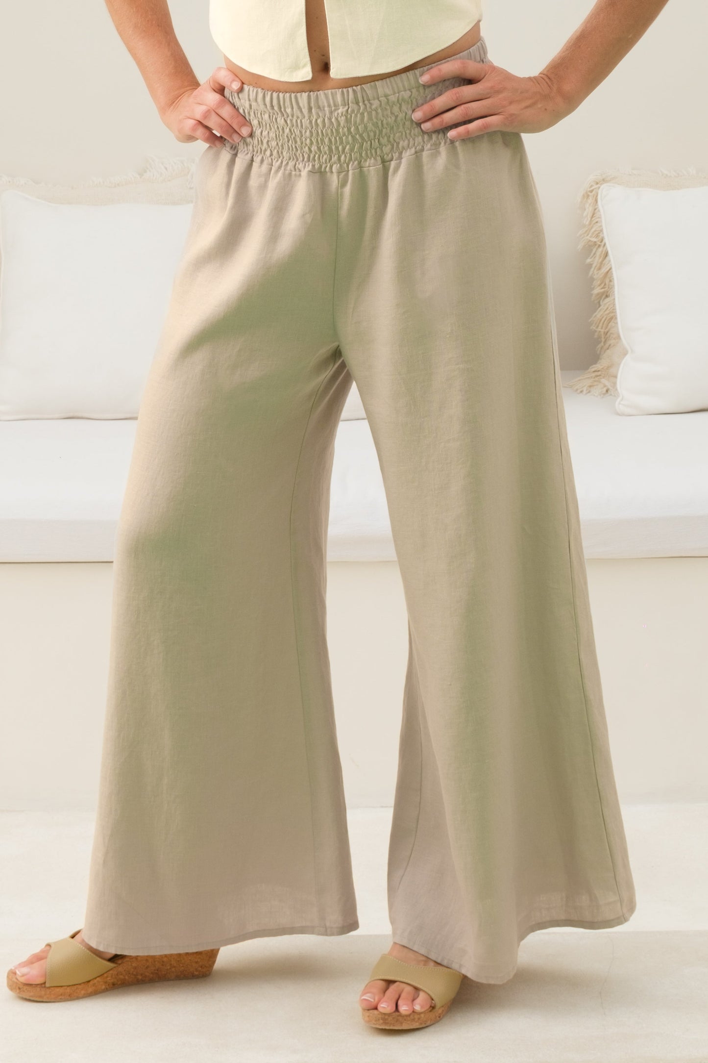 Womens Linen Flood Pant Elastic Waist Tan Khaki Front