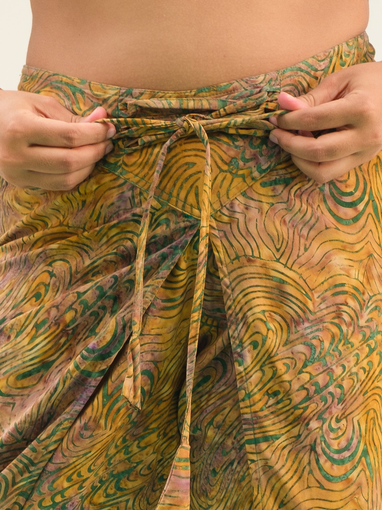 Womens Rayon Batik Bahama Wrap Pant Gold Elastic Waist Bohemian Waist