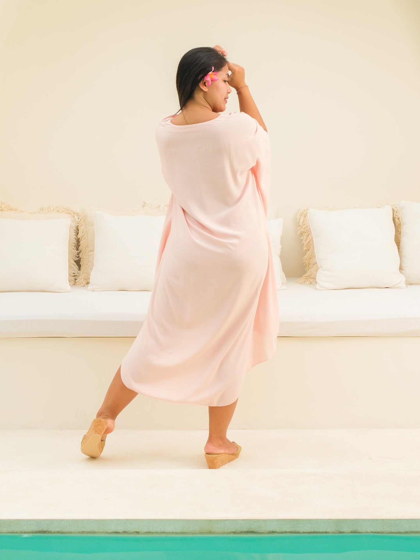 Womens Rayon Butterfly Kaftan Dress Pearl Pink Lace Up Vneck Summer Resort Wear Back