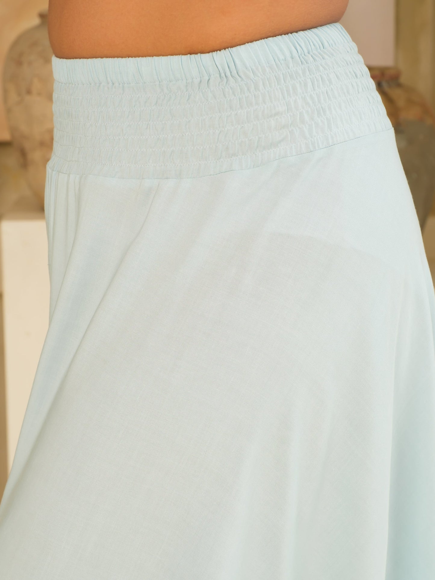 Womens Rayon Summer Skirt Pebble Blue Maxi Length Front Slit Elastic Waist Close