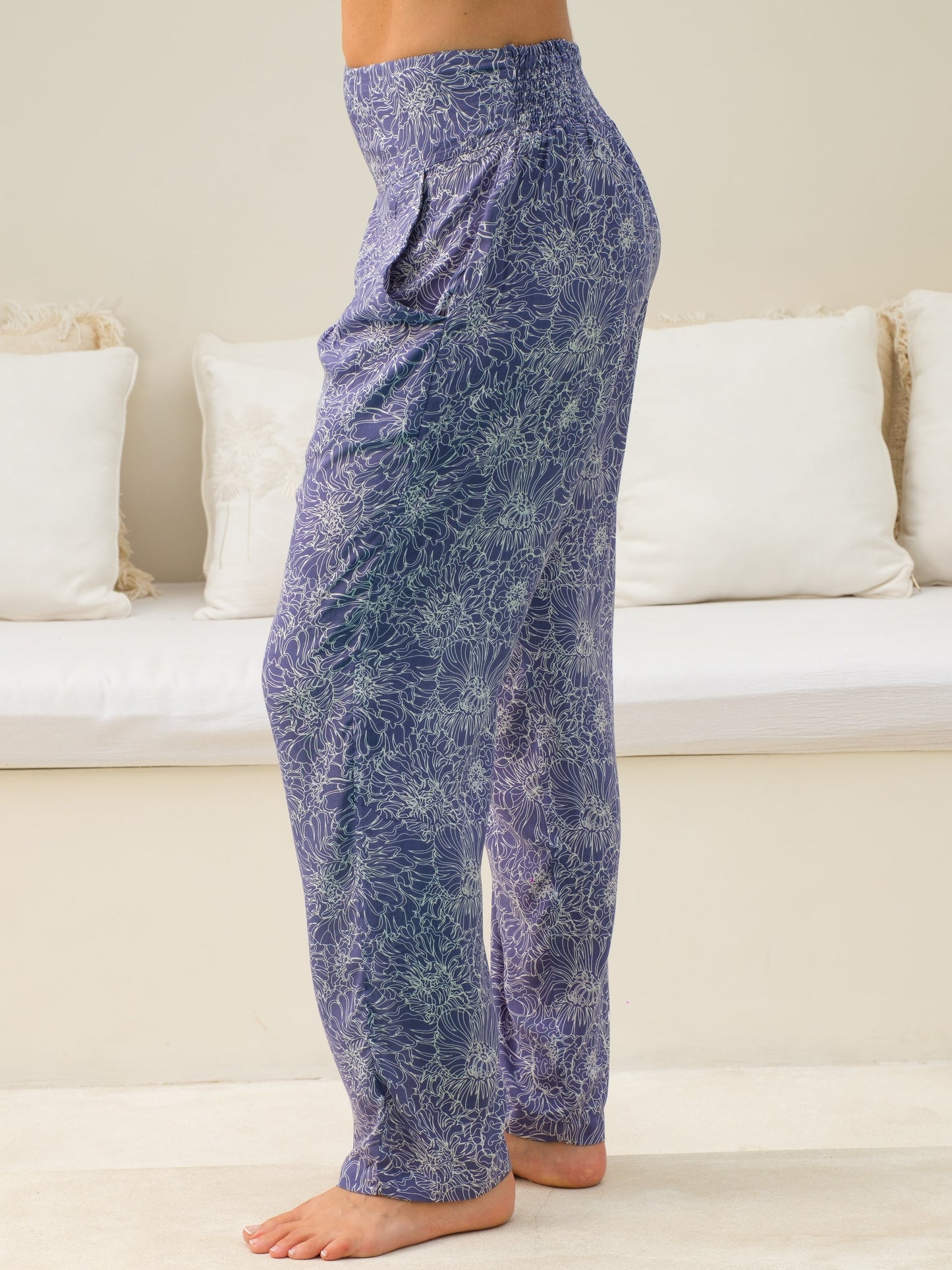 Womens Rayon Voile Peony Pant Purple Batik Elastic High Waist Side