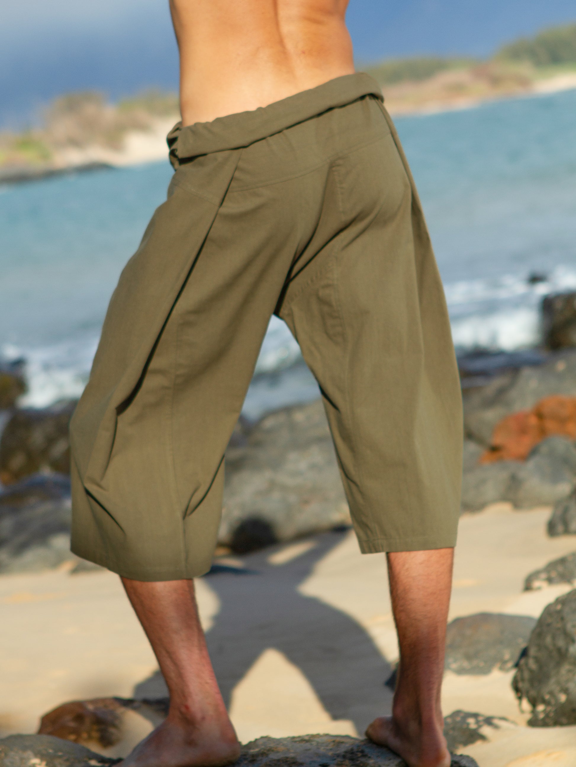 _ Cotton Thai Fisherman Shorts Army Green Back Beach Yoga Wear
