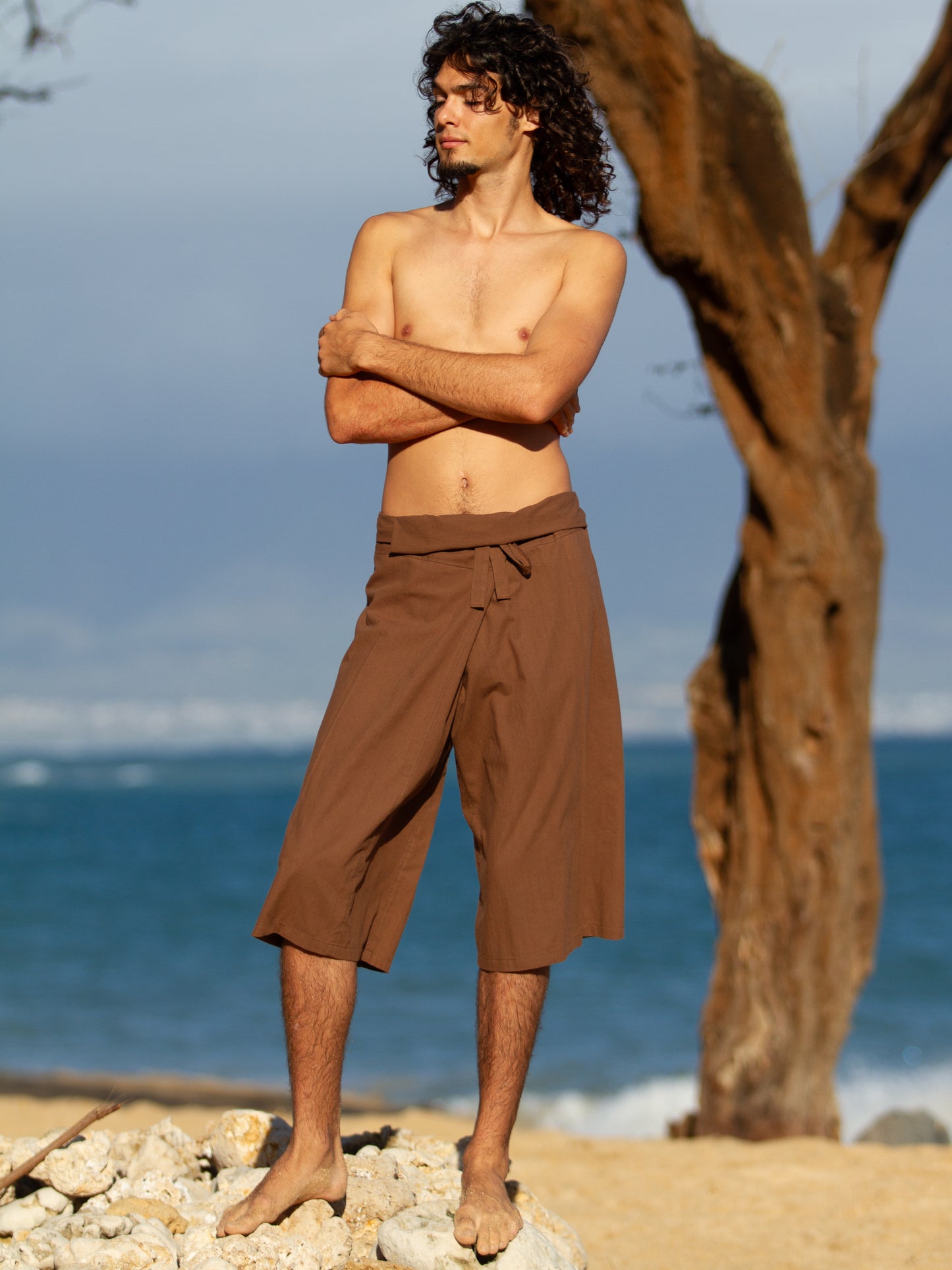 _ Cotton Thai Fisherman Shorts Brown Beach Yoga Wear