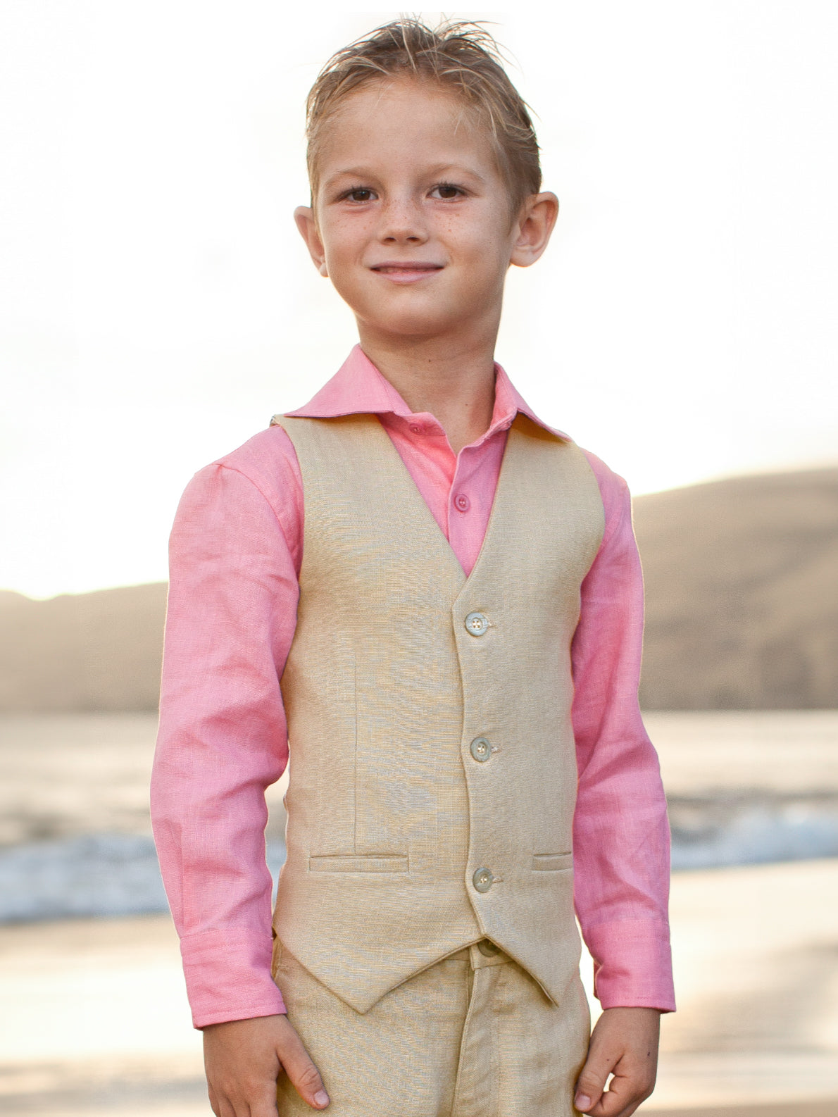 Boys Linen Amalfi Vest Tan Khaki Ringbearer Beach Wedding