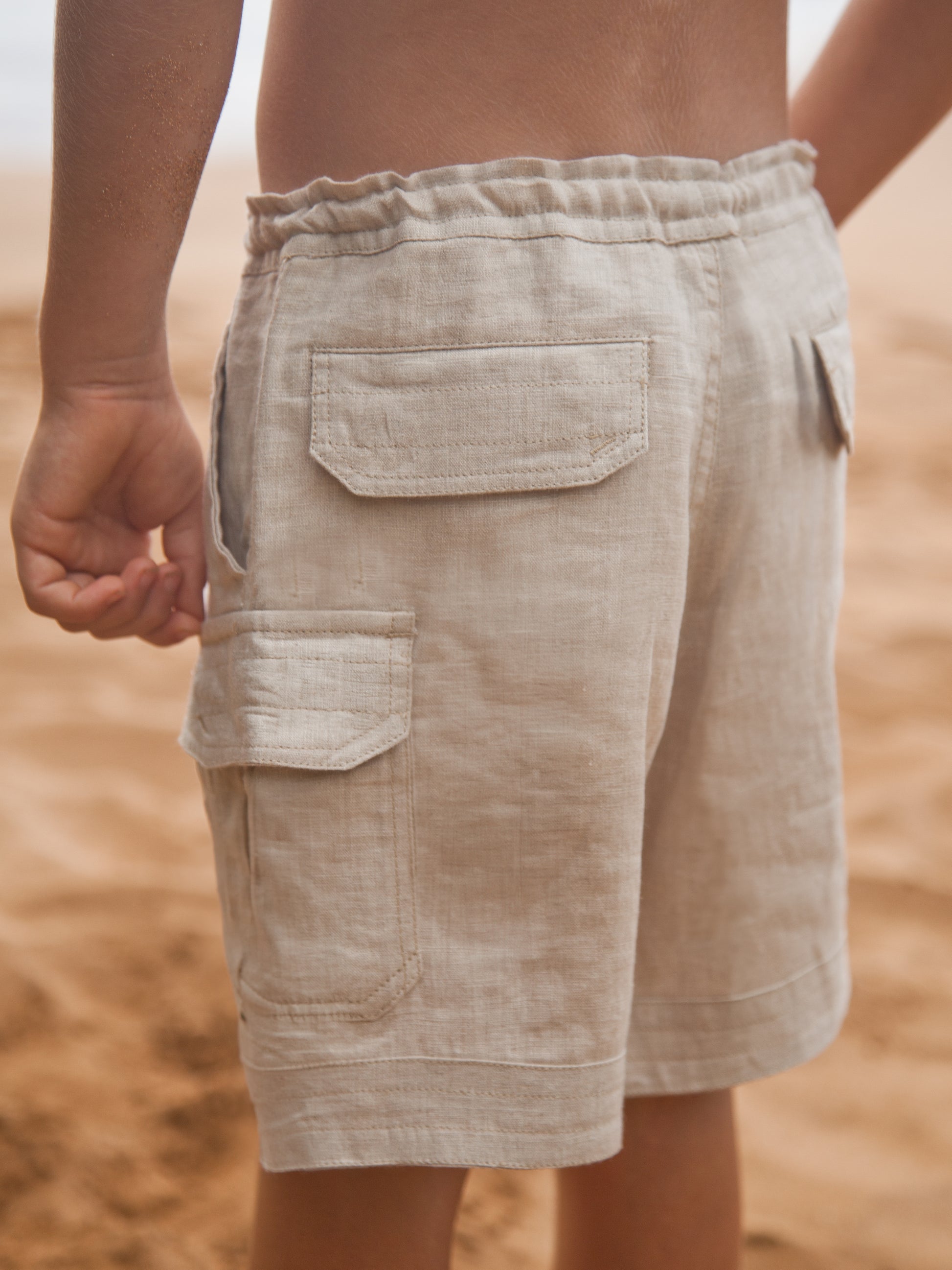 Boys Linen Cabo Shorts Ringbearer Cargo Shorts Tan Khaki Beach Wedding Back