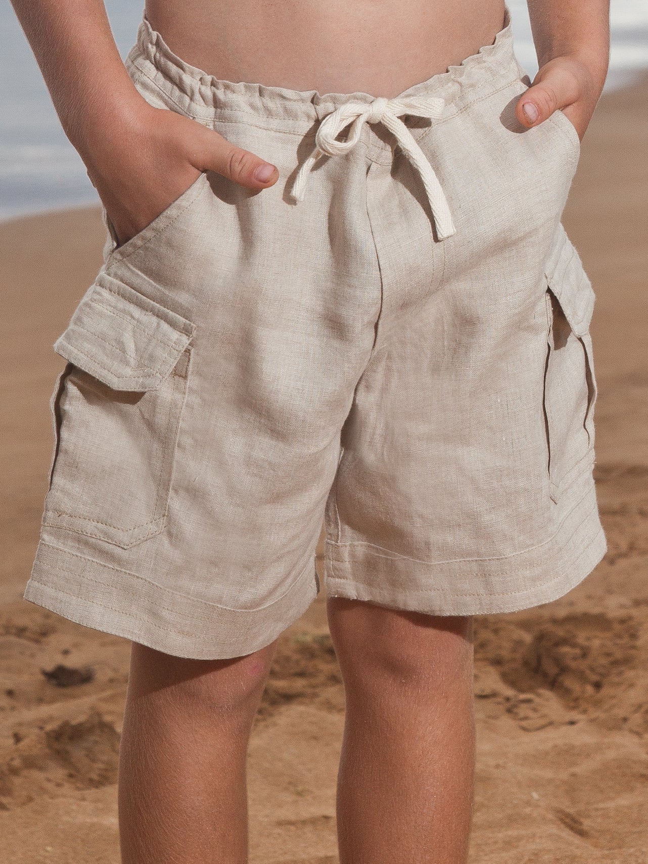 Boys Linen Cabo Shorts Ringbearer Cargo Shorts Tan Khaki Beach Wedding