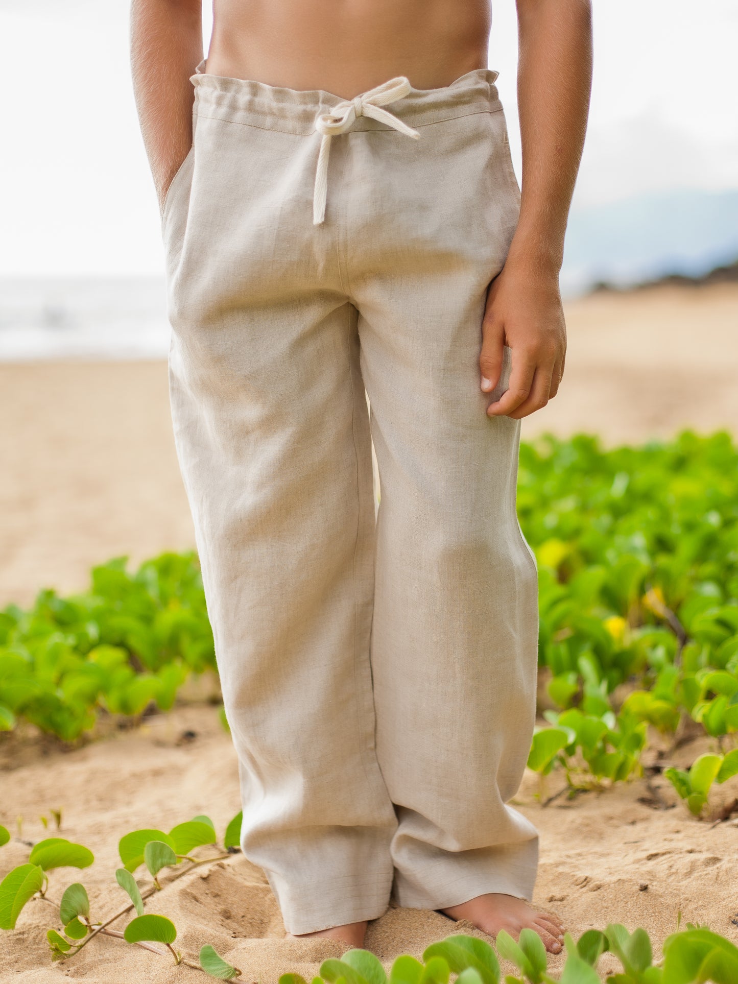 Boys Linen Drawstring Riviera Pants Tan Khaki Ringbearer Beach Wedding