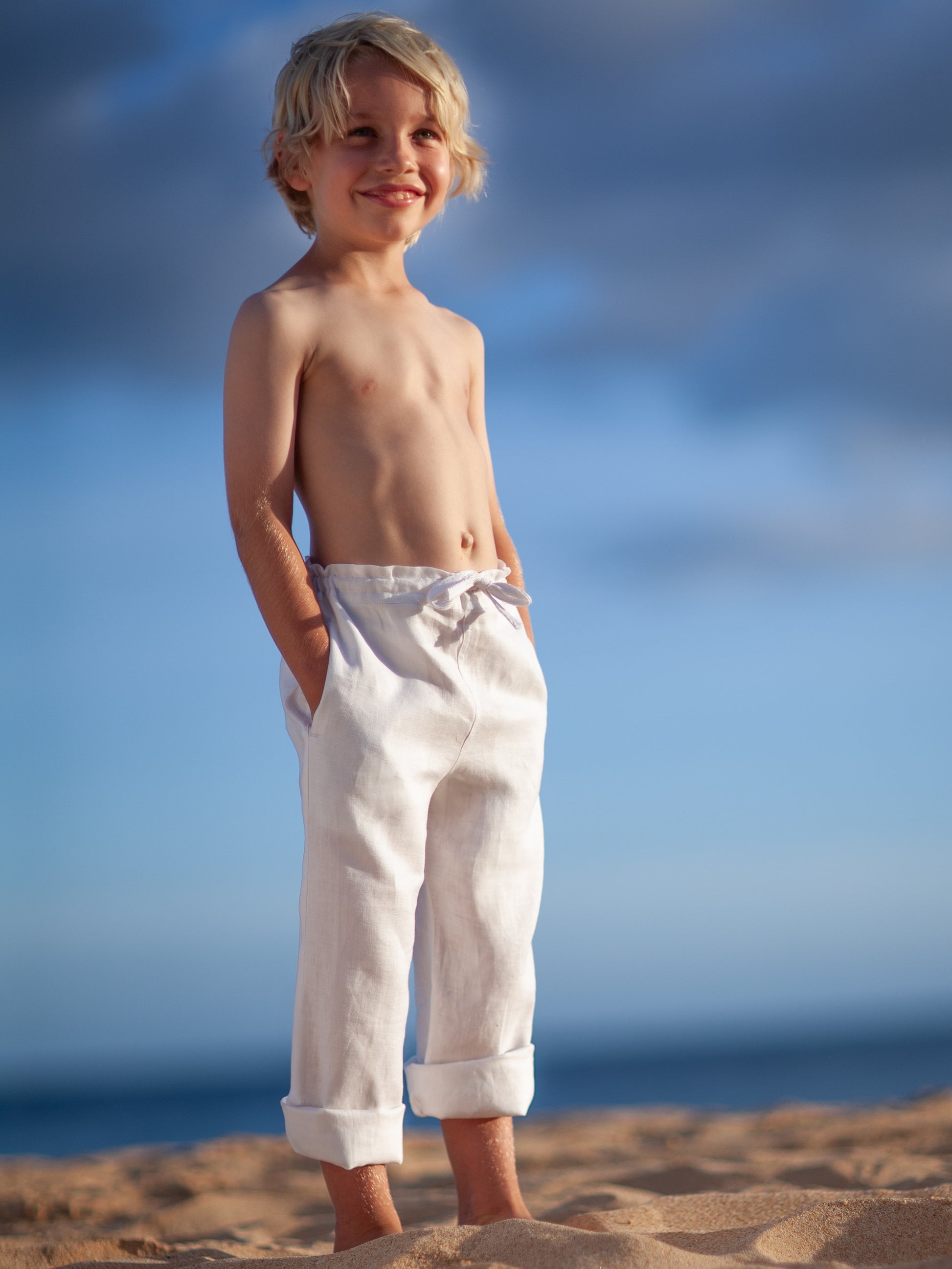 Boys Linen Drawstring Riviera Pants White Ringbearer Beach Wedding Full