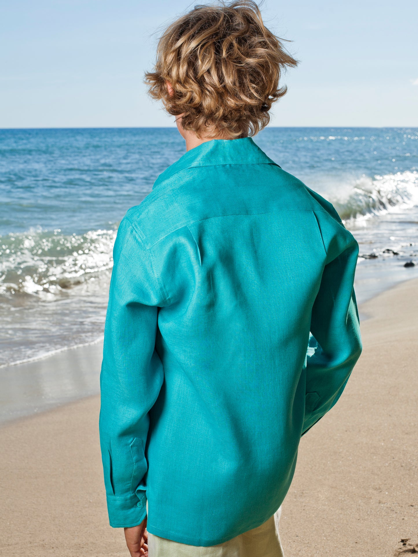 Boys Linen Ringbearer Amalfi Shirt Long Sleeve Blue Green Beach Wedding Back