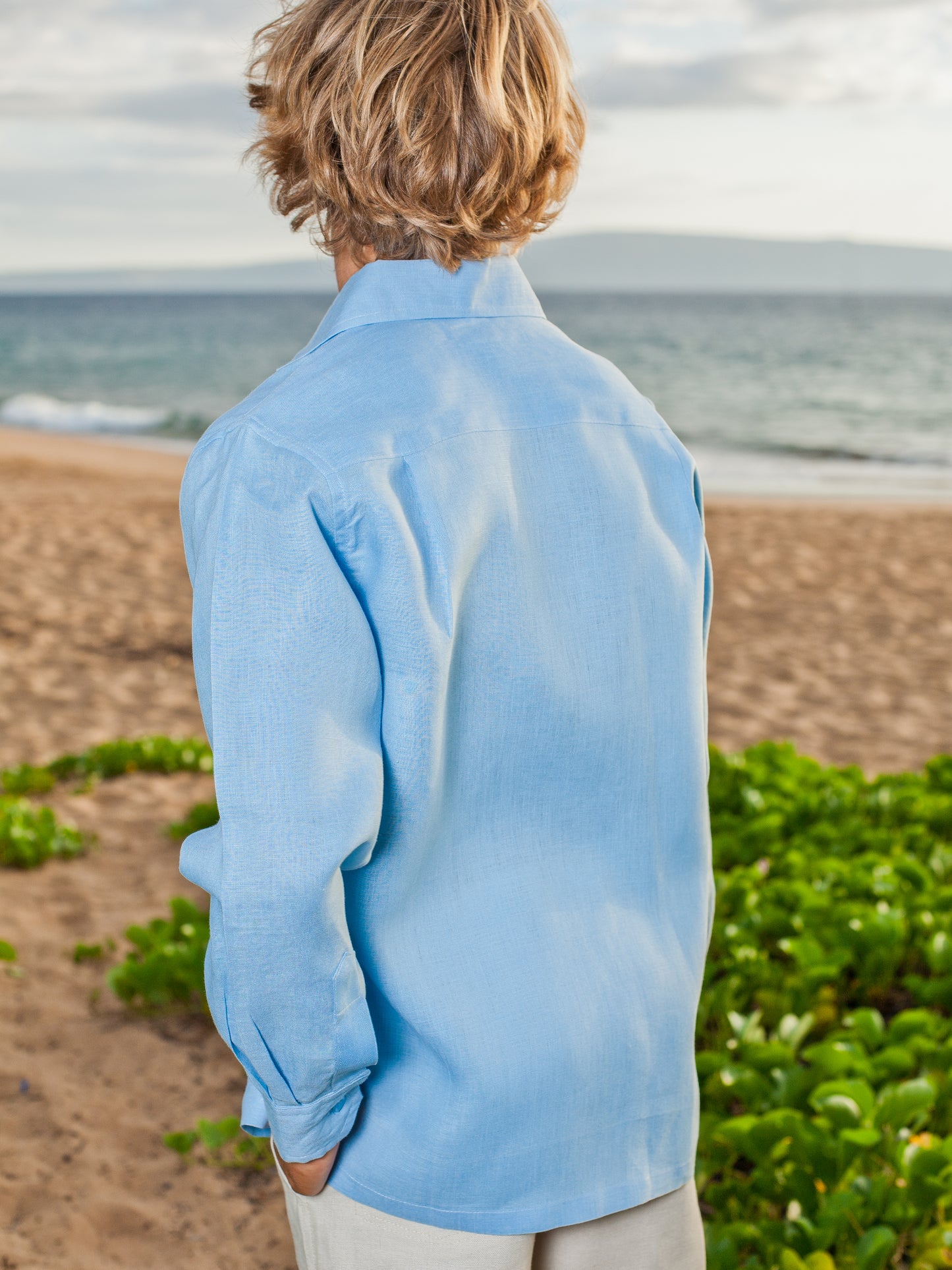 Boys Linen Ringbearer Amalfi Shirt Long Sleeve French Blue Beach Back