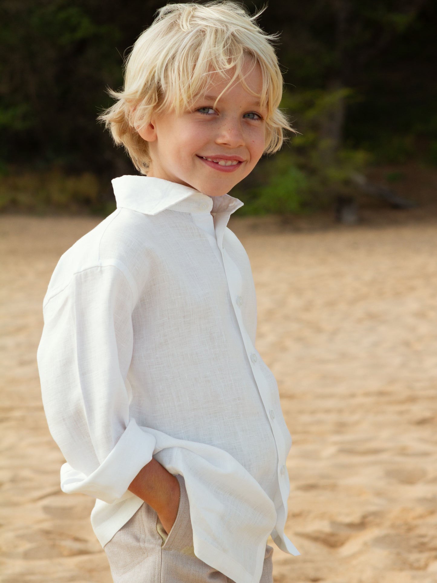 Boys Linen Ringbearer Amalfi Shirt Long Sleeve Ivory Beach Wedding