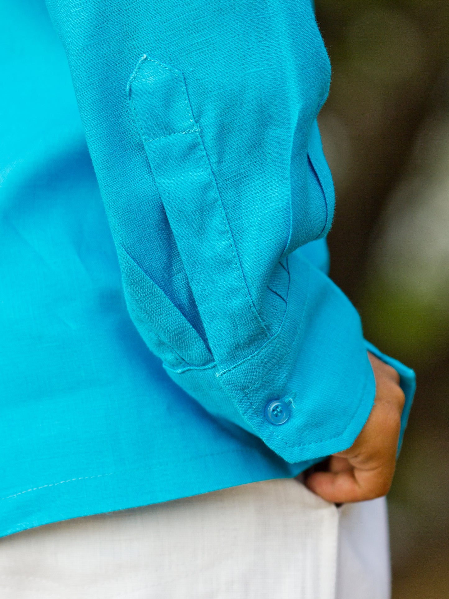 Boys Linen Ringbearer Amalfi Shirt Long Sleeve Malibu Blue Beach Cuff