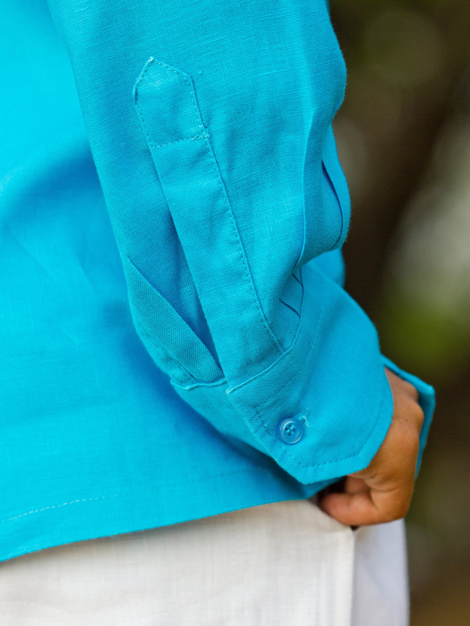 Boys Linen Ringbearer Amalfi Shirt Long Sleeve Malibu Blue Beach Cuff