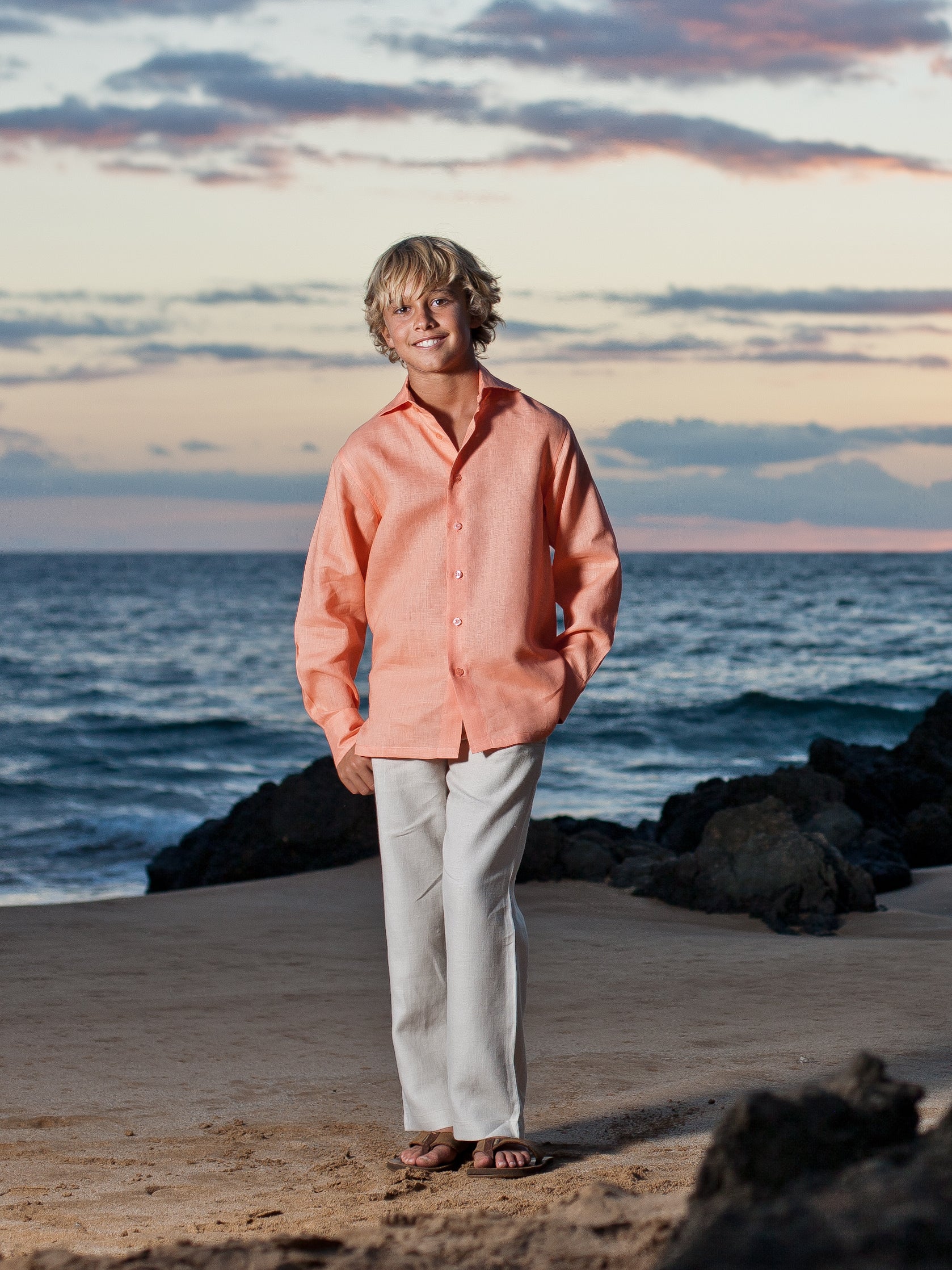 Boys Linen Ringbearer Amalfi Shirt Long Sleeve Pink Salmon Beach Wedding Full