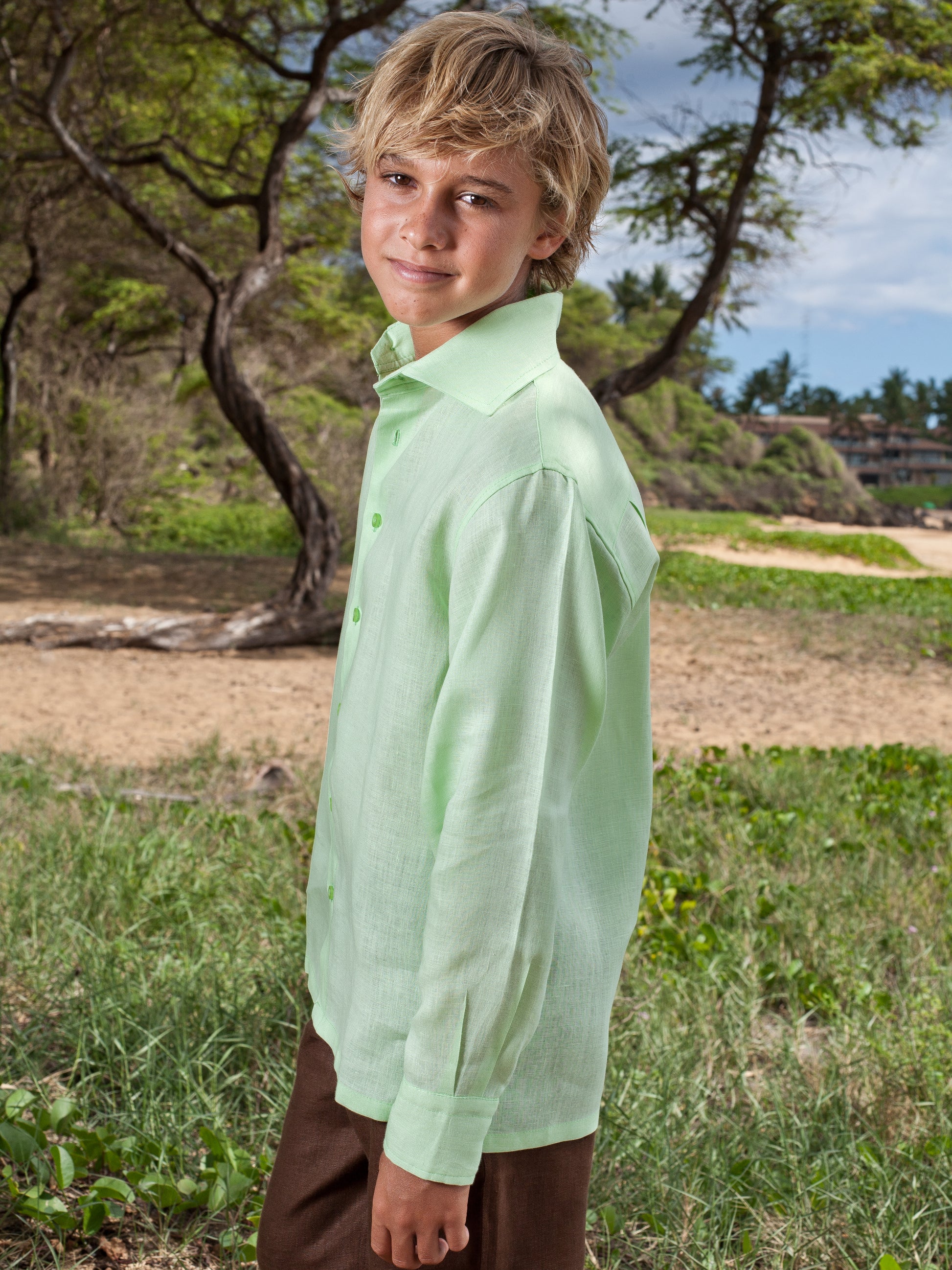 Boys Linen Ringbearer Amalfi Shirt Long Sleeve Pistachio Green Beach Wedding Side