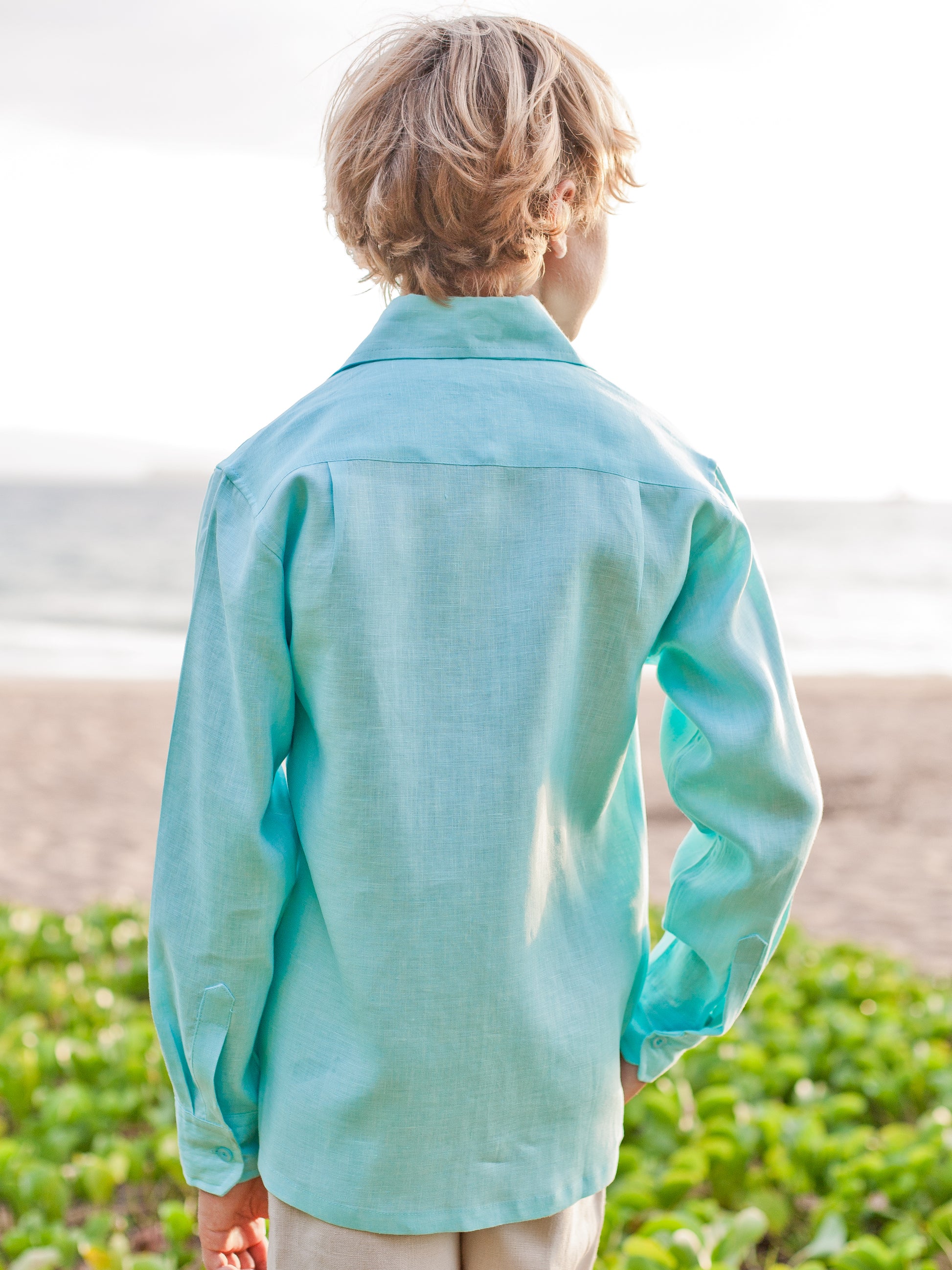Boys Linen Ringbearer Amalfi Shirt Long Sleeve Pool Blue Beach Wedding Back