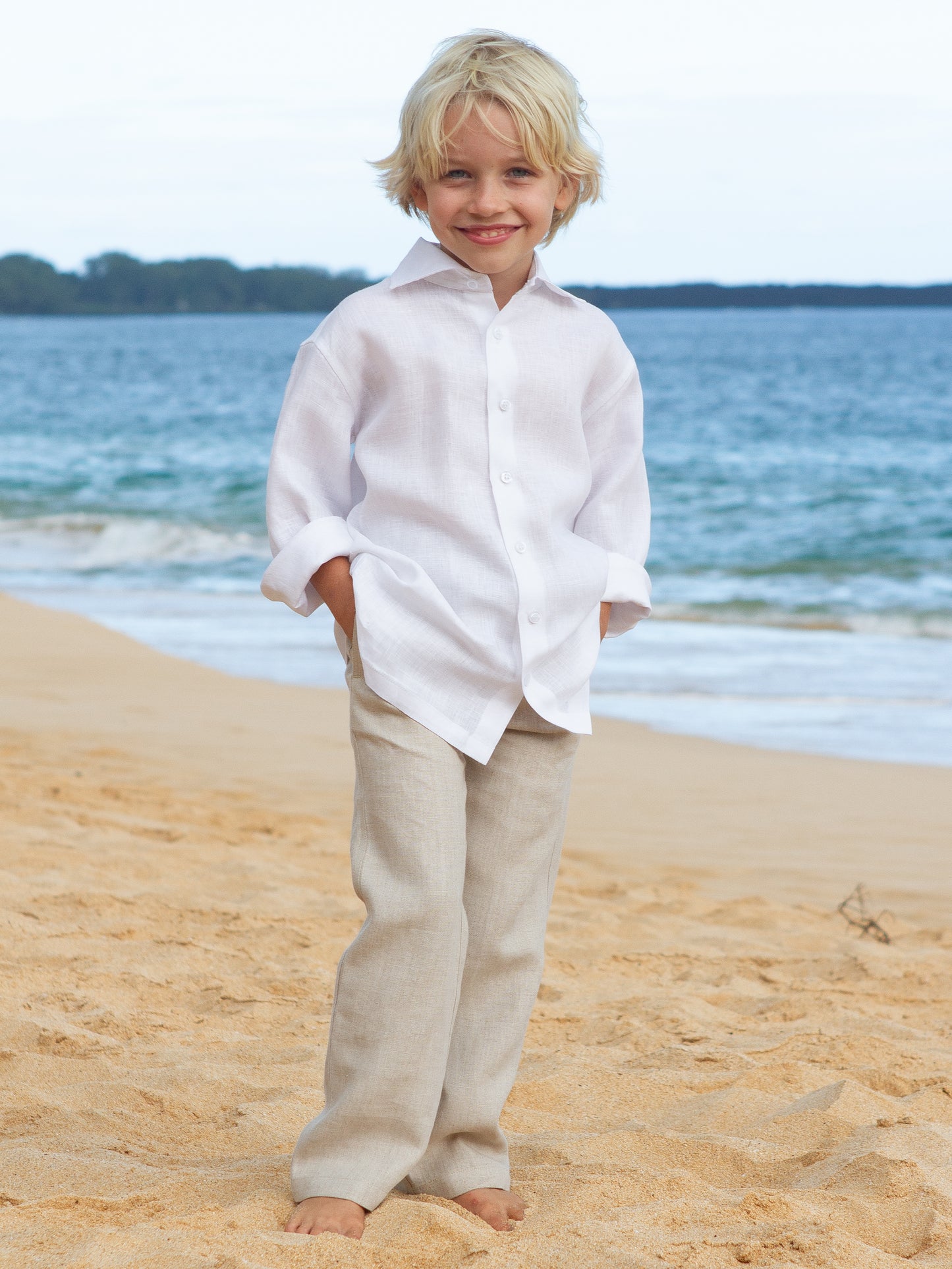 Boys Linen Ringbearer Amalfi Shirt Long Sleeve White Beach Wedding Full