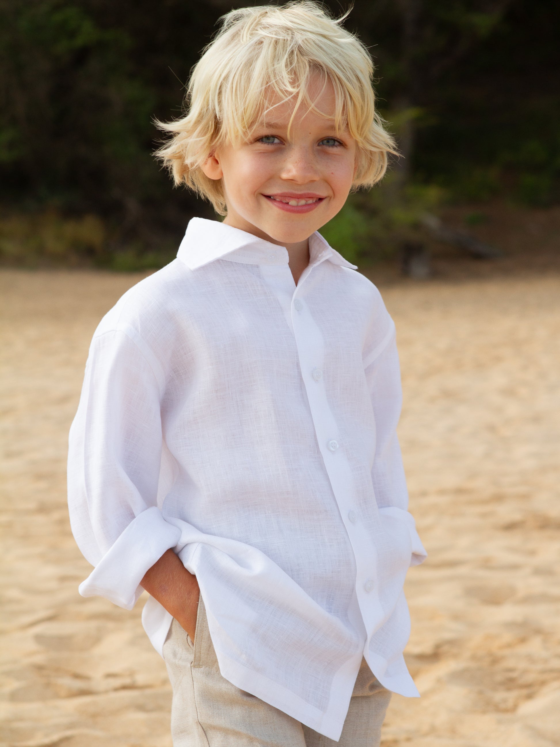 Boys Linen Ringbearer Amalfi Shirt Long Sleeve White Beach Wedding