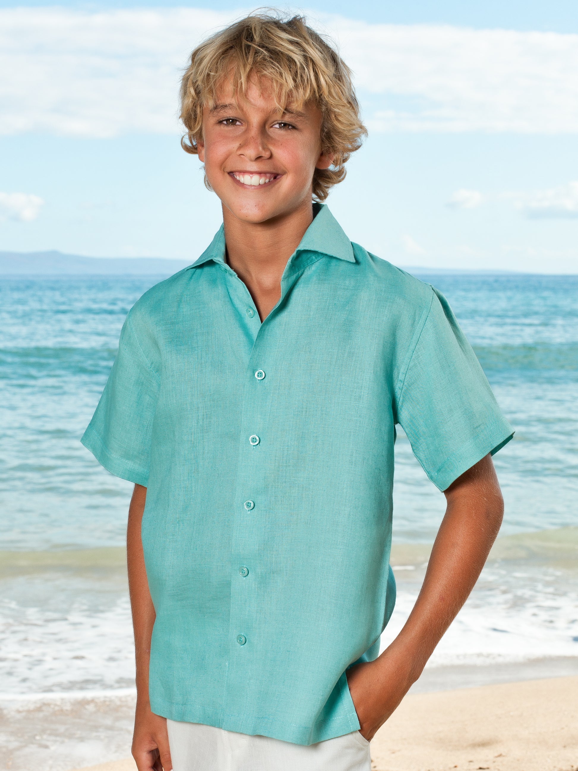 Boys Linen Ringbearer Amalfi Shirt Short Sleeve Aqua Blue Beach Wedding
