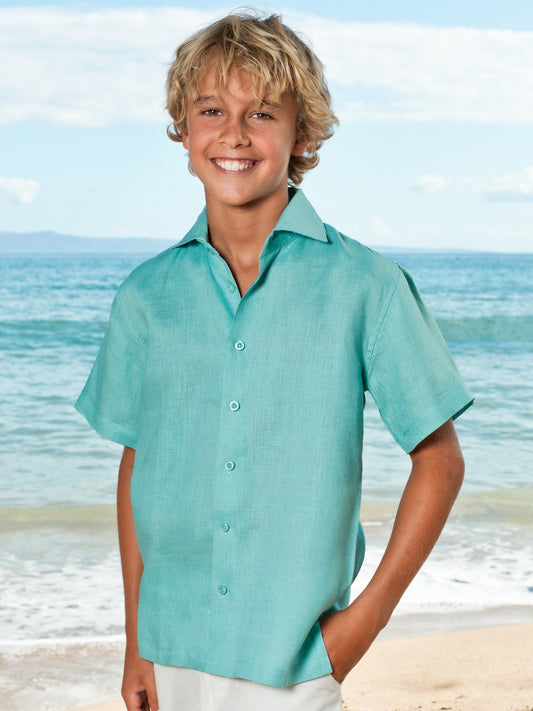 Boys Linen Ringbearer Amalfi Shirt Short Sleeve Aqua Blue Beach Wedding