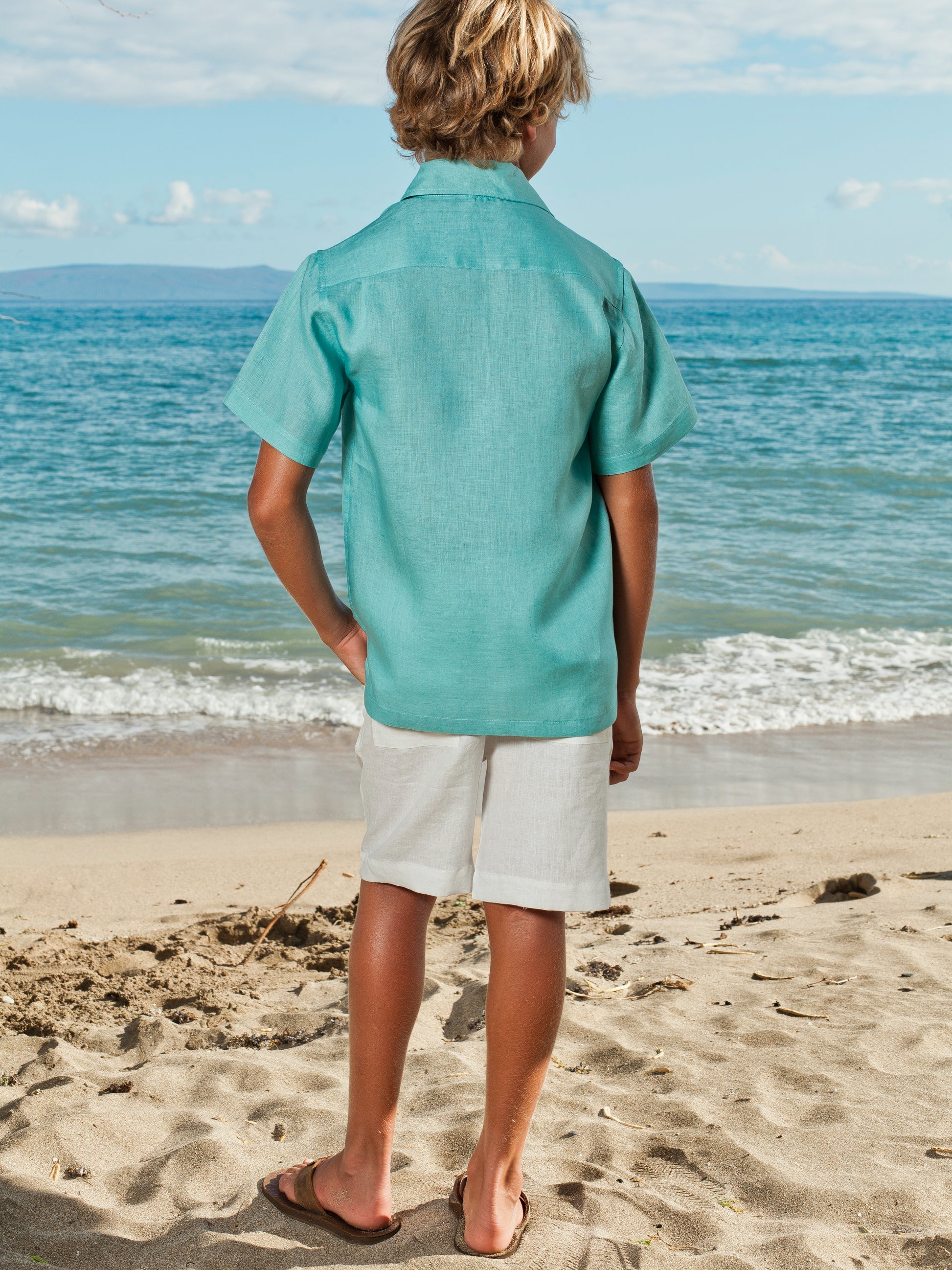 Boys Linen Ringbearer Amalfi Shirt Short Sleeve Aqua Blue Beach Wedding Back