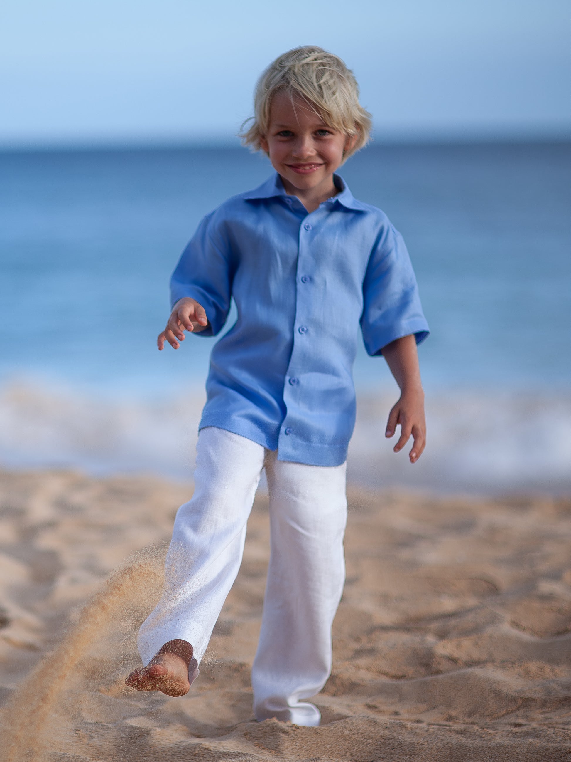 Boys Linen Ringbearer Amalfi Shirt Short Sleeve Capri Blue Beach Wedding Full