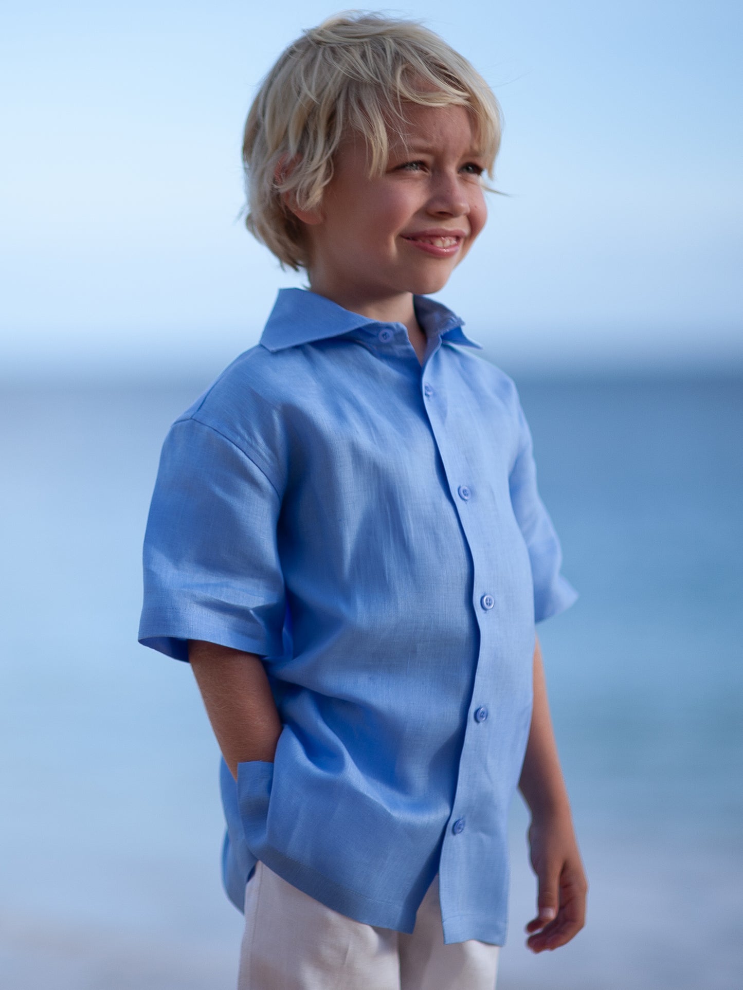 Boys Linen Ringbearer Amalfi Shirt Short Sleeve Capri Blue Beach Wedding