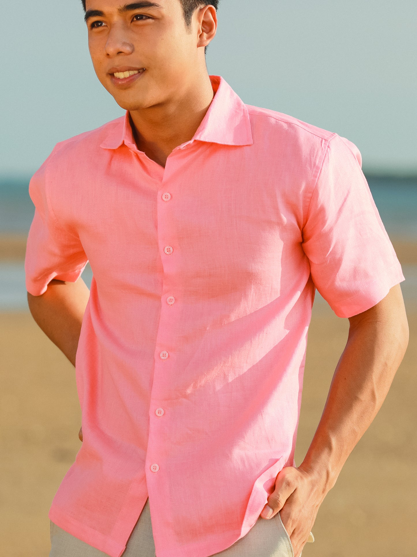 Boys Linen Ringbearer Amalfi Shirt Short Sleeve Dark Pink Beach Wedding
