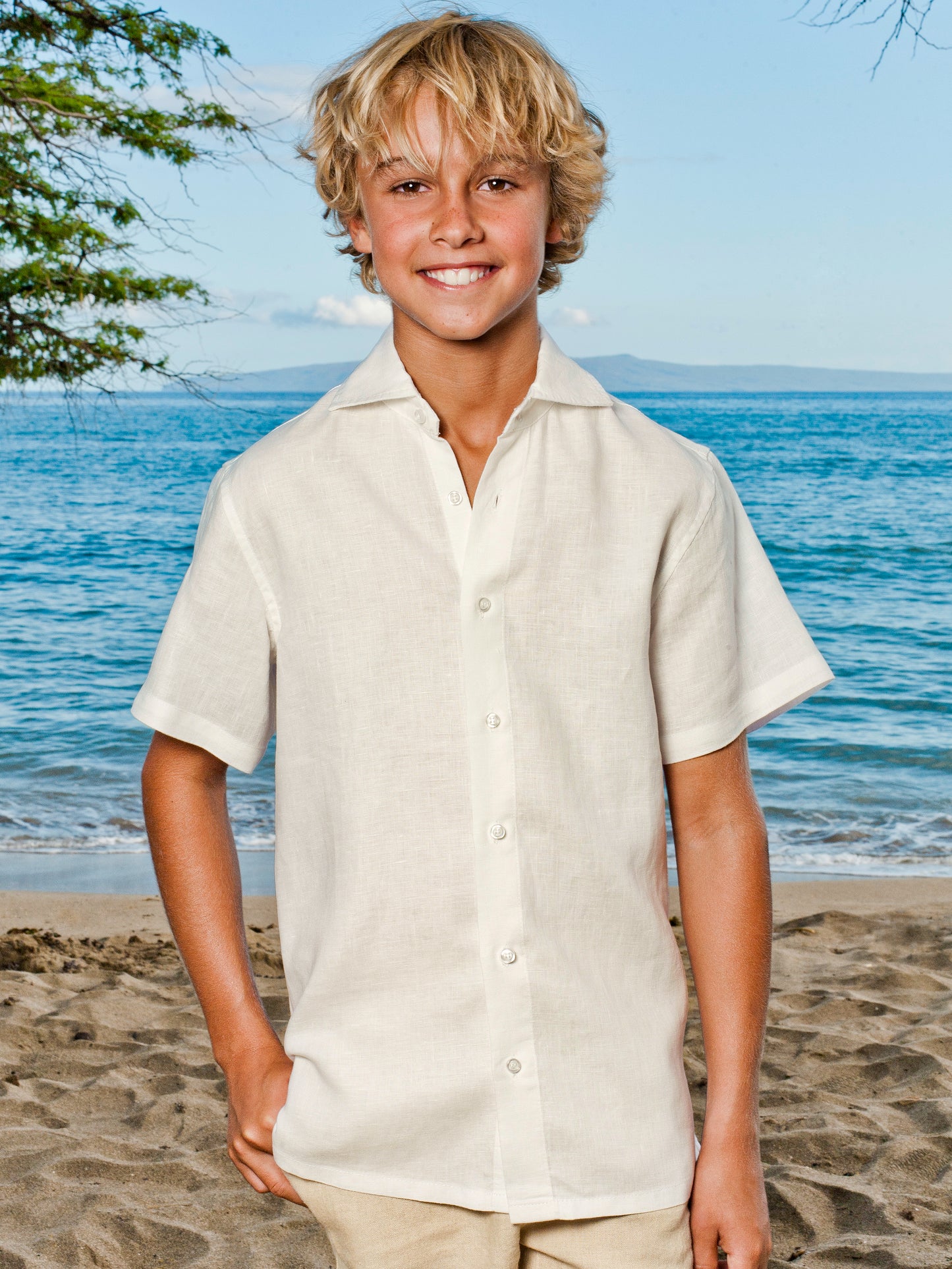 Boys Linen Ringbearer Amalfi Shirt Short Sleeve Ivory Beach Wedding Back