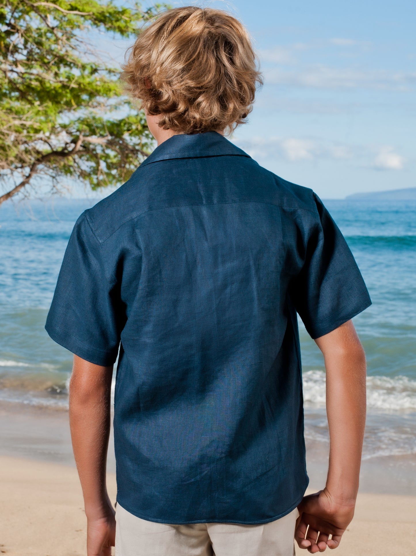 Boys Linen Ringbearer Amalfi Shirt Short Sleeve Navy Blue Beach Wedding Back