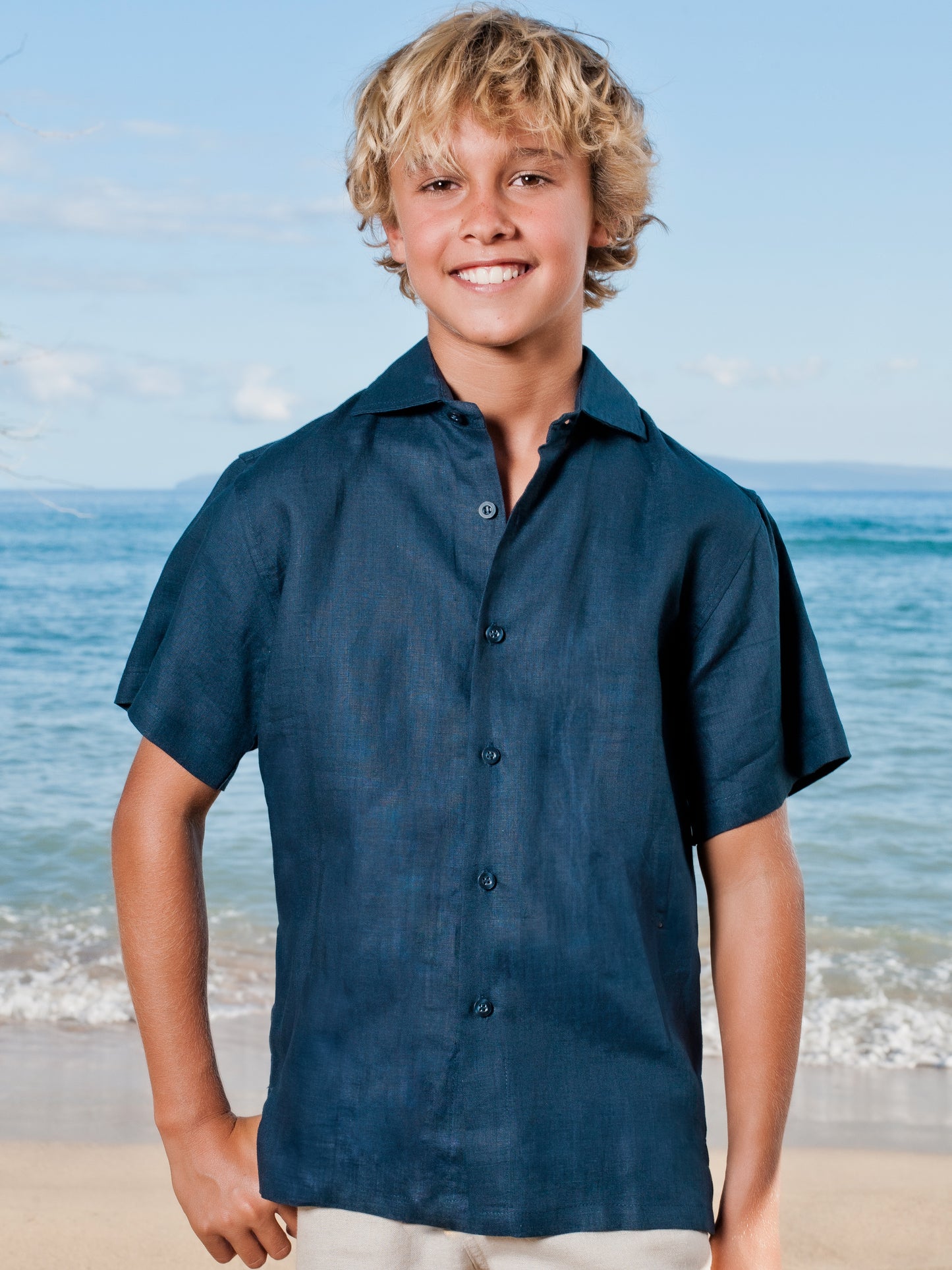 Boys Linen Ringbearer Amalfi Shirt Short Sleeve Navy Blue Beach Wedding