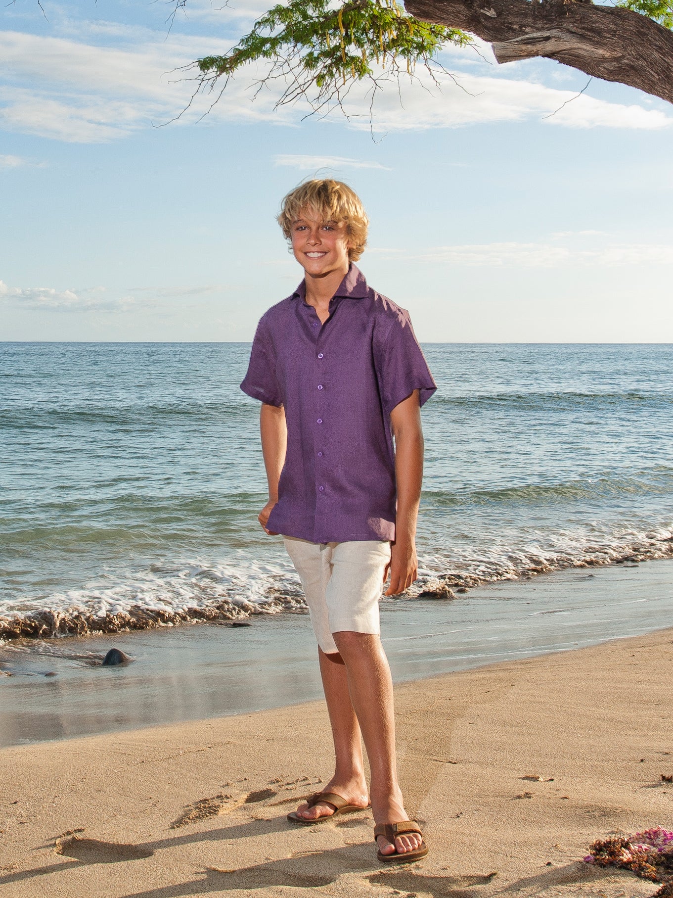 Boys Linen Ringbearer Amalfi Shirt Short Sleeve Purple Beach Wedding Full