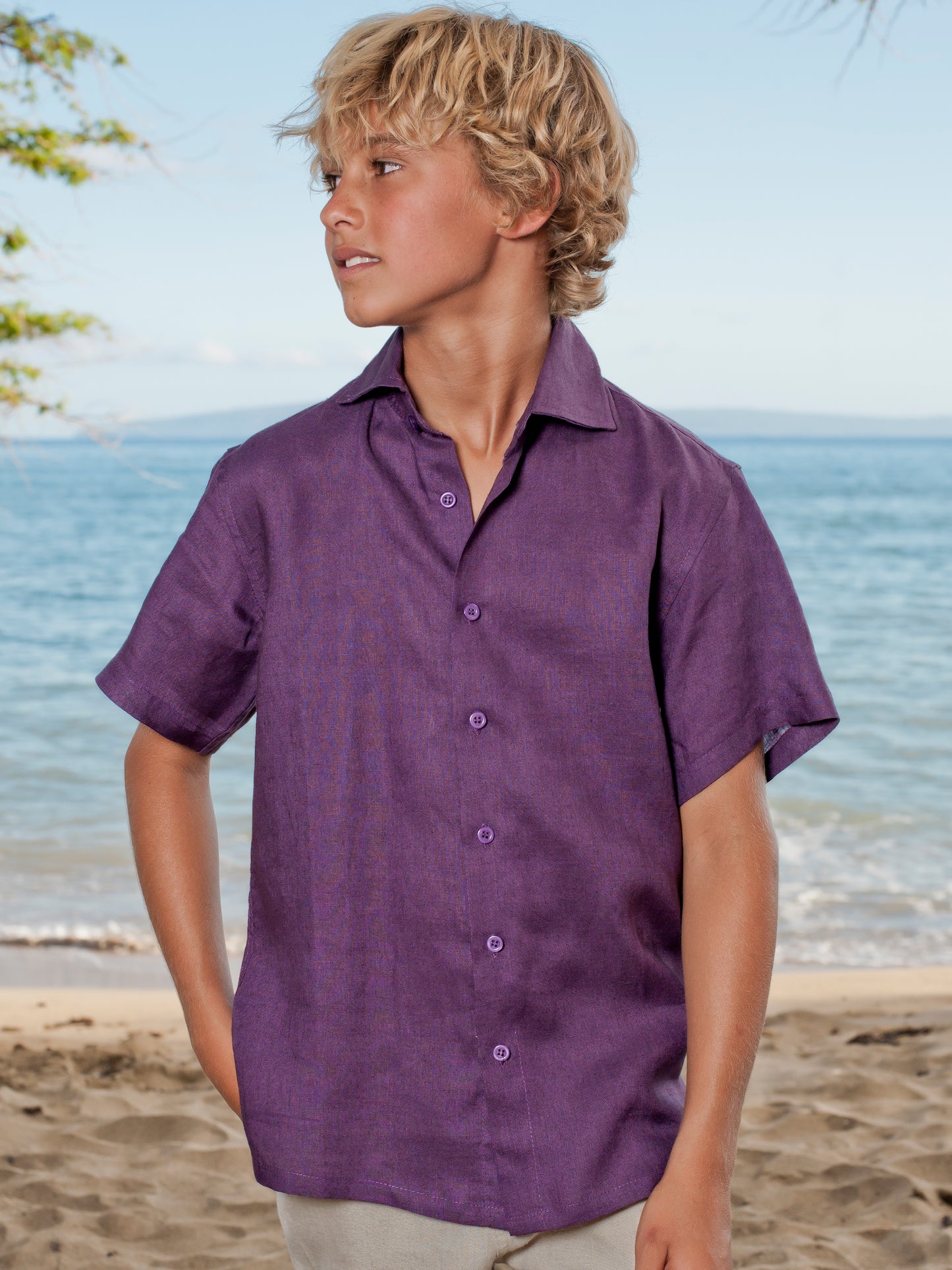 Boys Linen Ringbearer Amalfi Shirt Short Sleeve Purple Beach Wedding