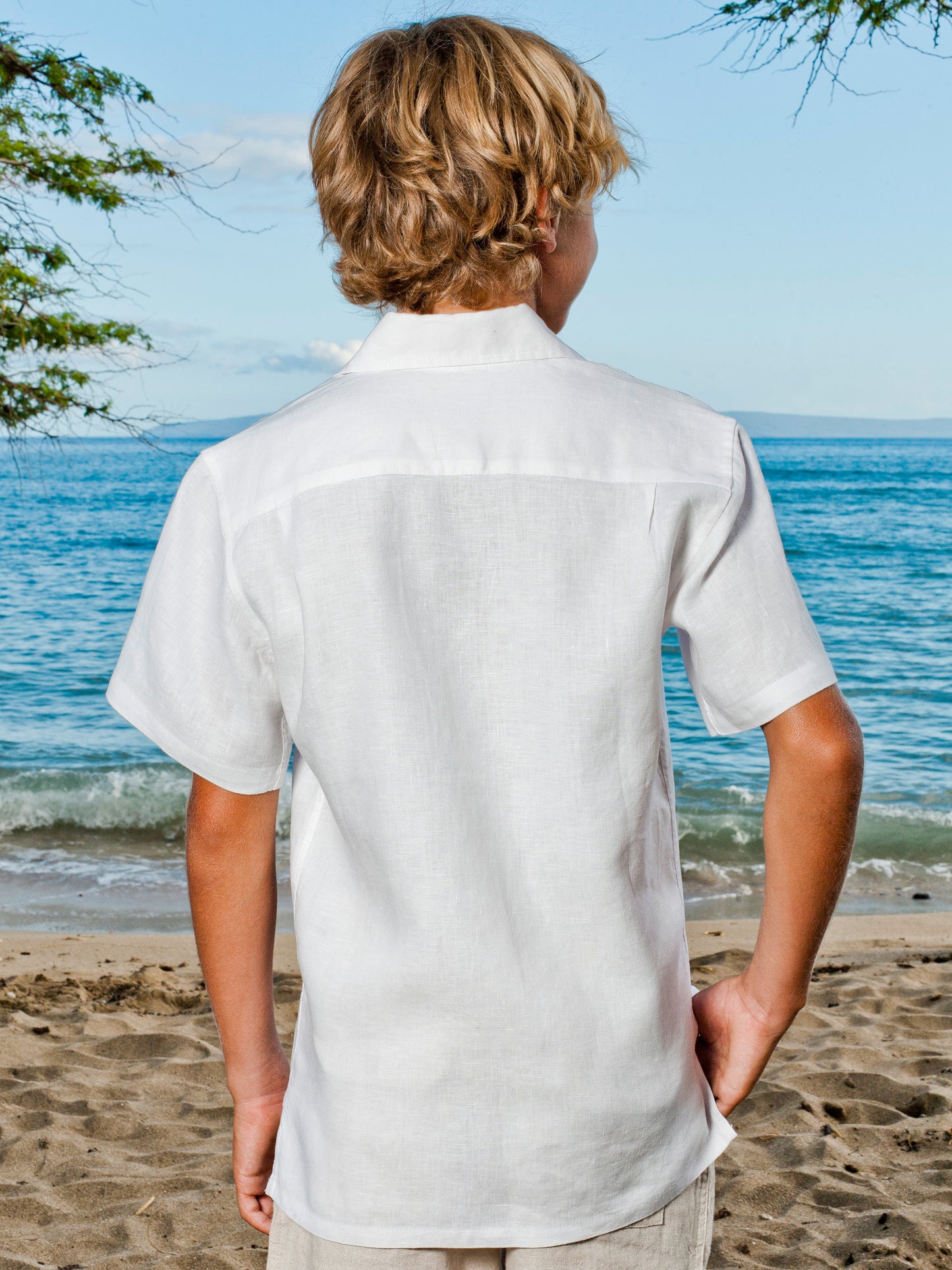 Boys Linen Ringbearer Amalfi Shirt Short Sleeve White Beach Wedding Back