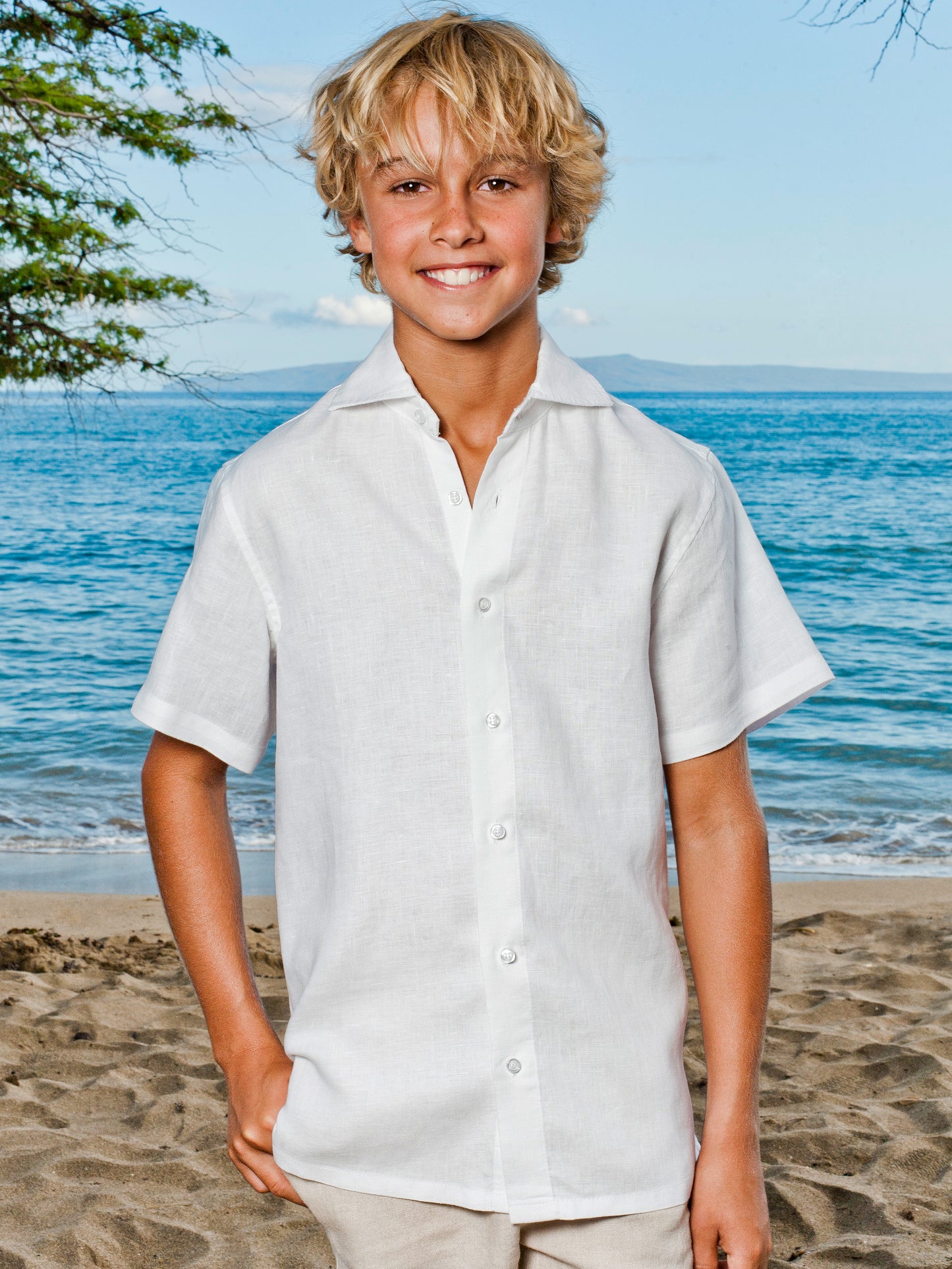 Boys Linen Ringbearer Amalfi Shirt Short Sleeve White Beach Wedding