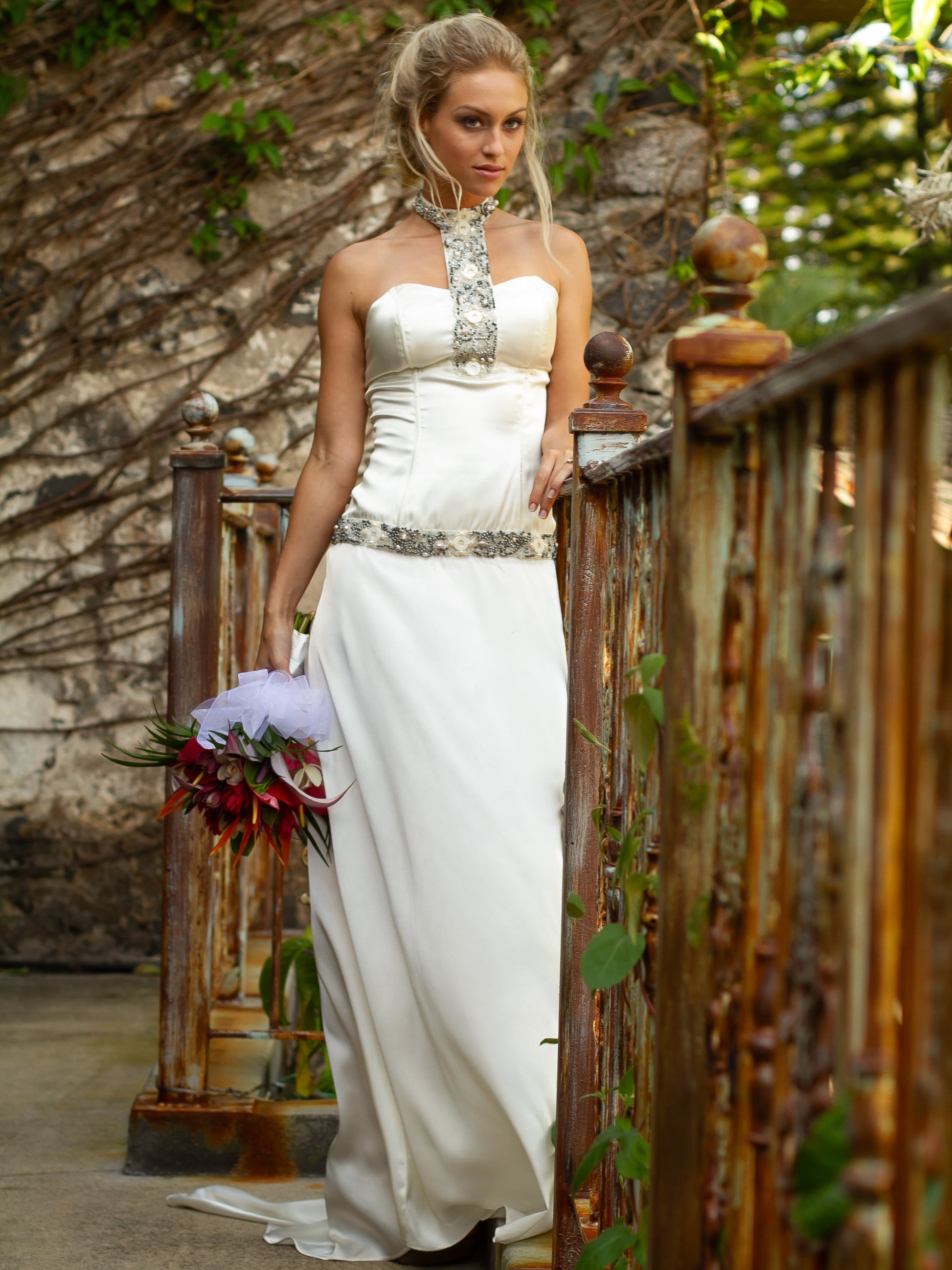 Custom Silk Beaded Corset Dress Bridal Gown Sea Shells Sleeveless Lace Up Beach Wedding Front