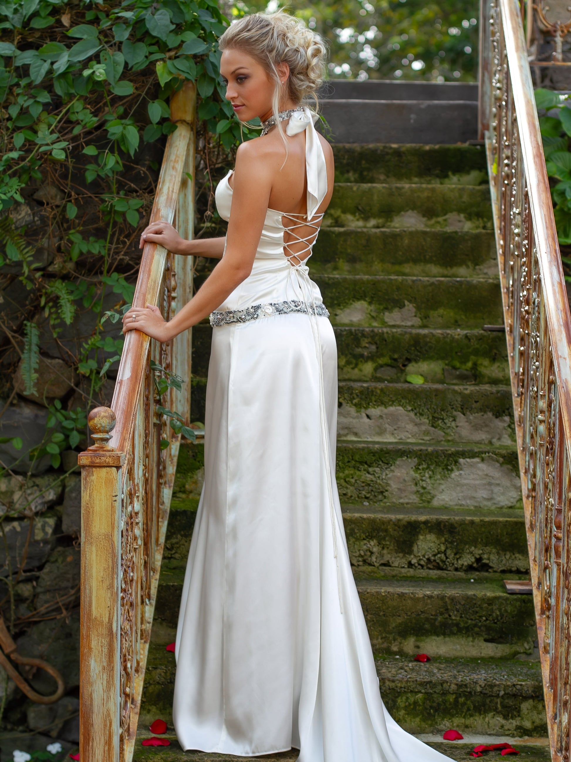 Custom Silk Beaded Corset Dress Bridal Gown Sea Shells Sleeveless Lace Up Beach Wedding Full Back