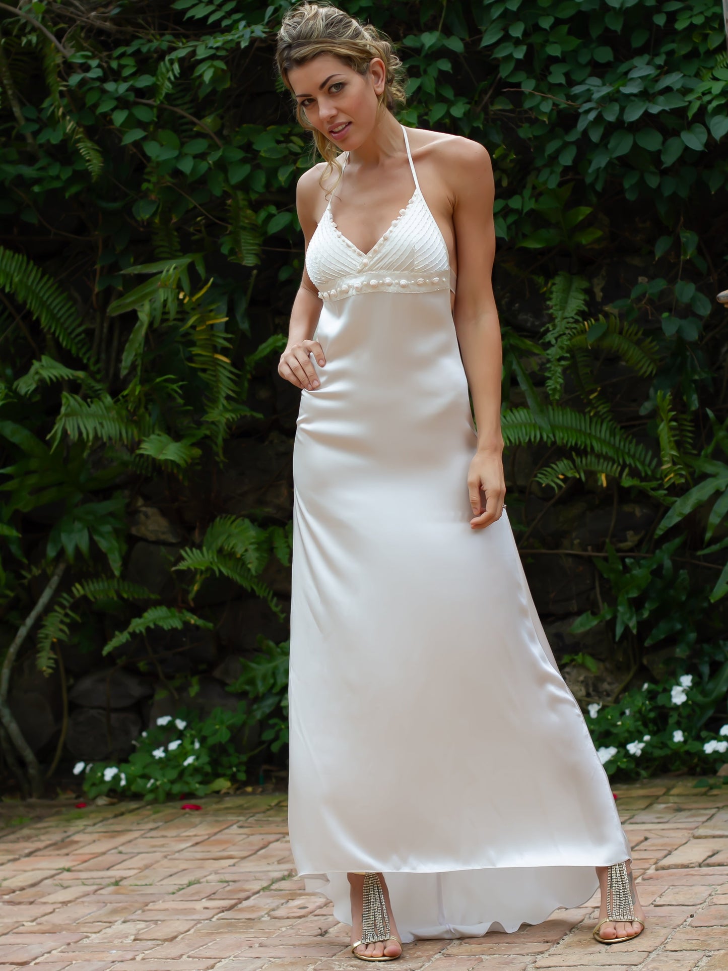 Custom Silk Pearl Dress Bridal Gown Beaded Sea Shells Halter Tie Full